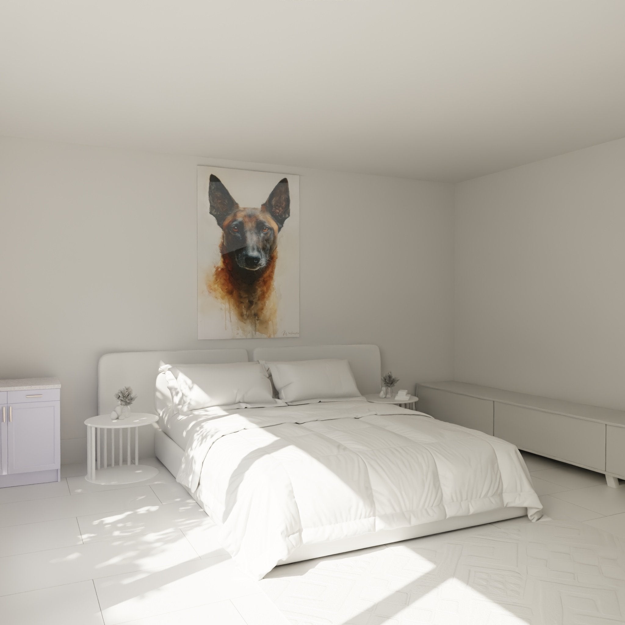 Belgischer Schäferhund Malinois Kunstdruck in modernem Schlafzimmer, weißer Wand, Wanddekoration Hund