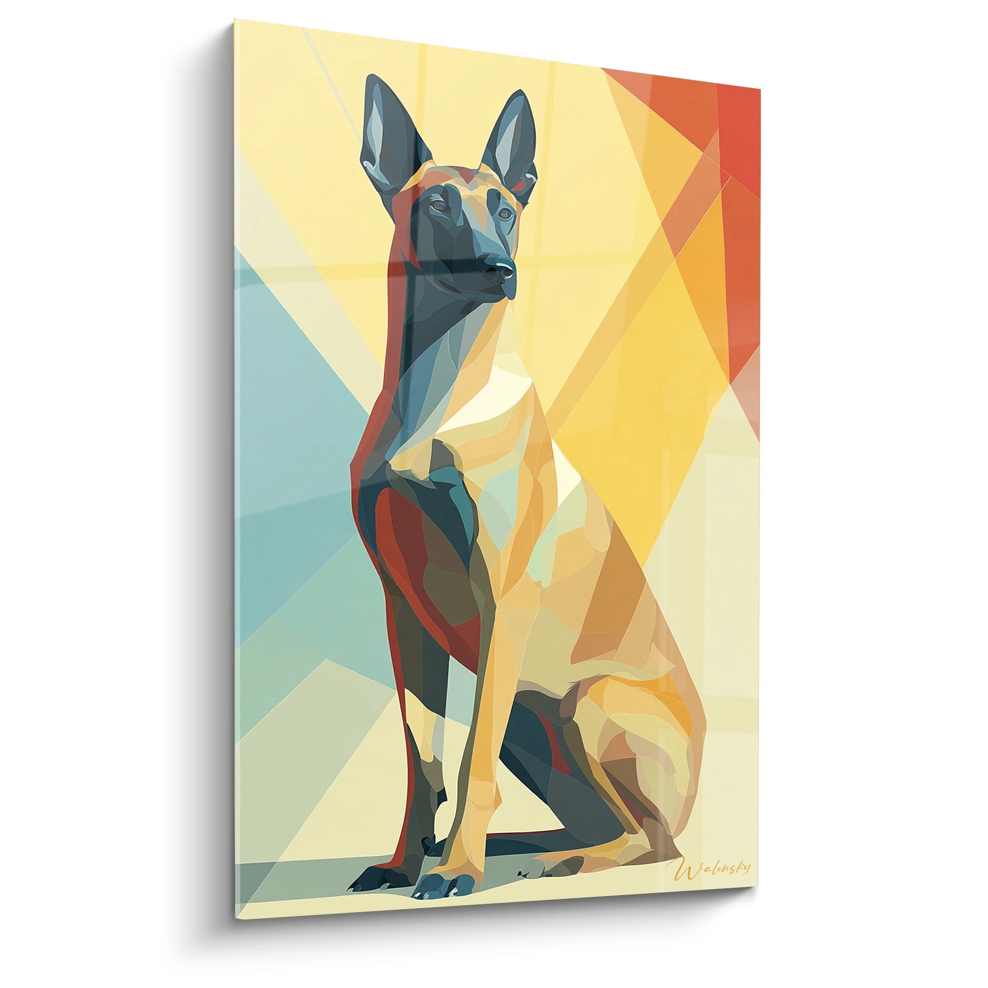 belgian malinois shepherd geometric dog art golden blue tones modern polygonal sitting portrait