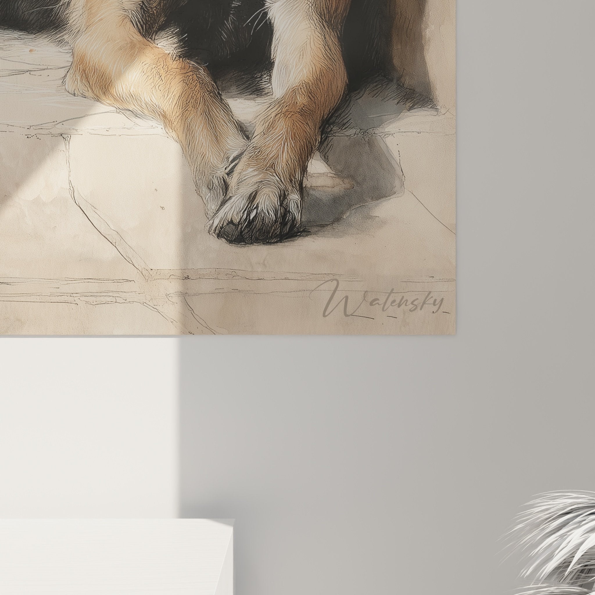 Übersichtsansicht Belgischer Schäferhund Malinois Kunstdruck in zeitgenössischem Interieur mit neutralen und warmen Tönen