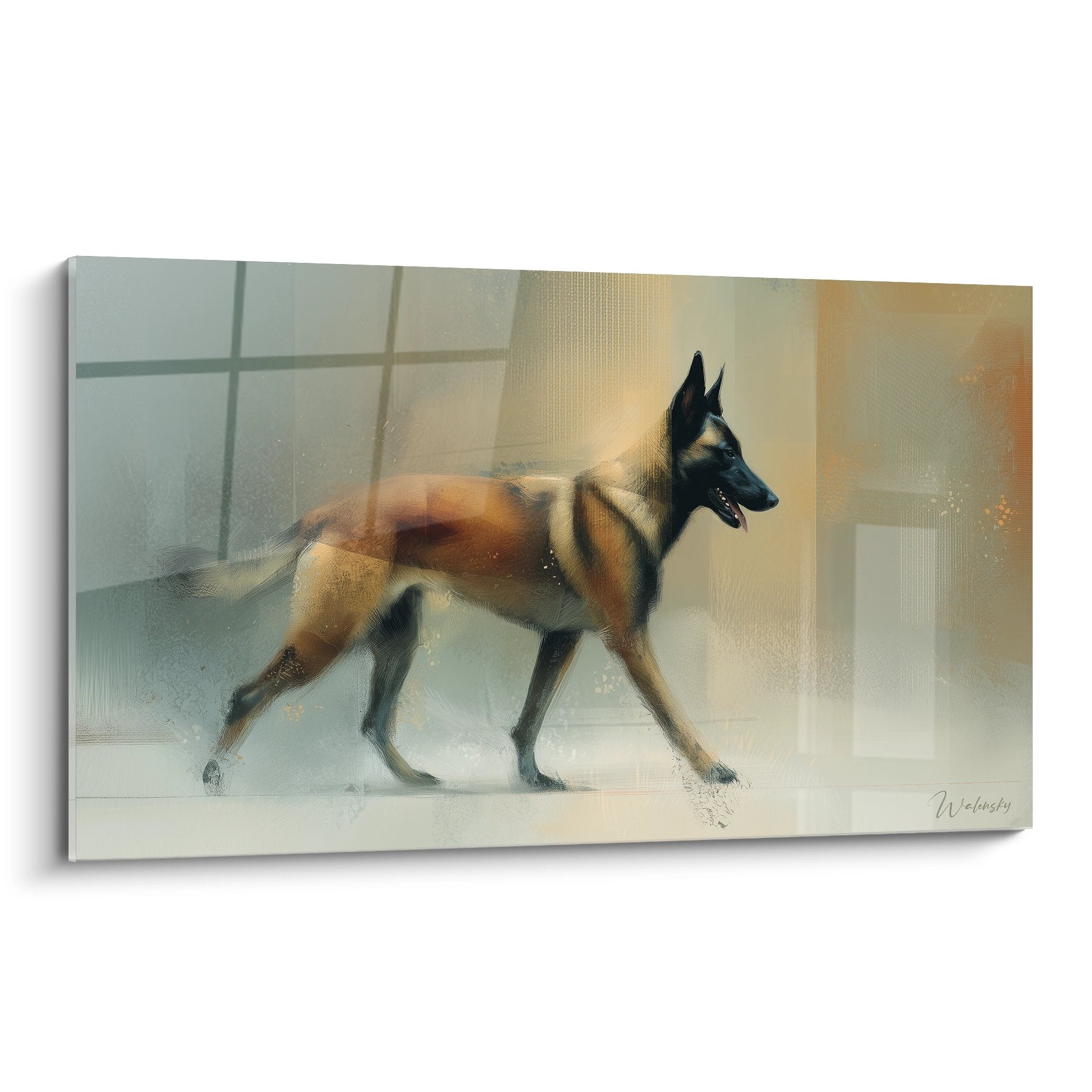 tableau artistique berger belge malinois en mouvement tons dores flou artistique moderne