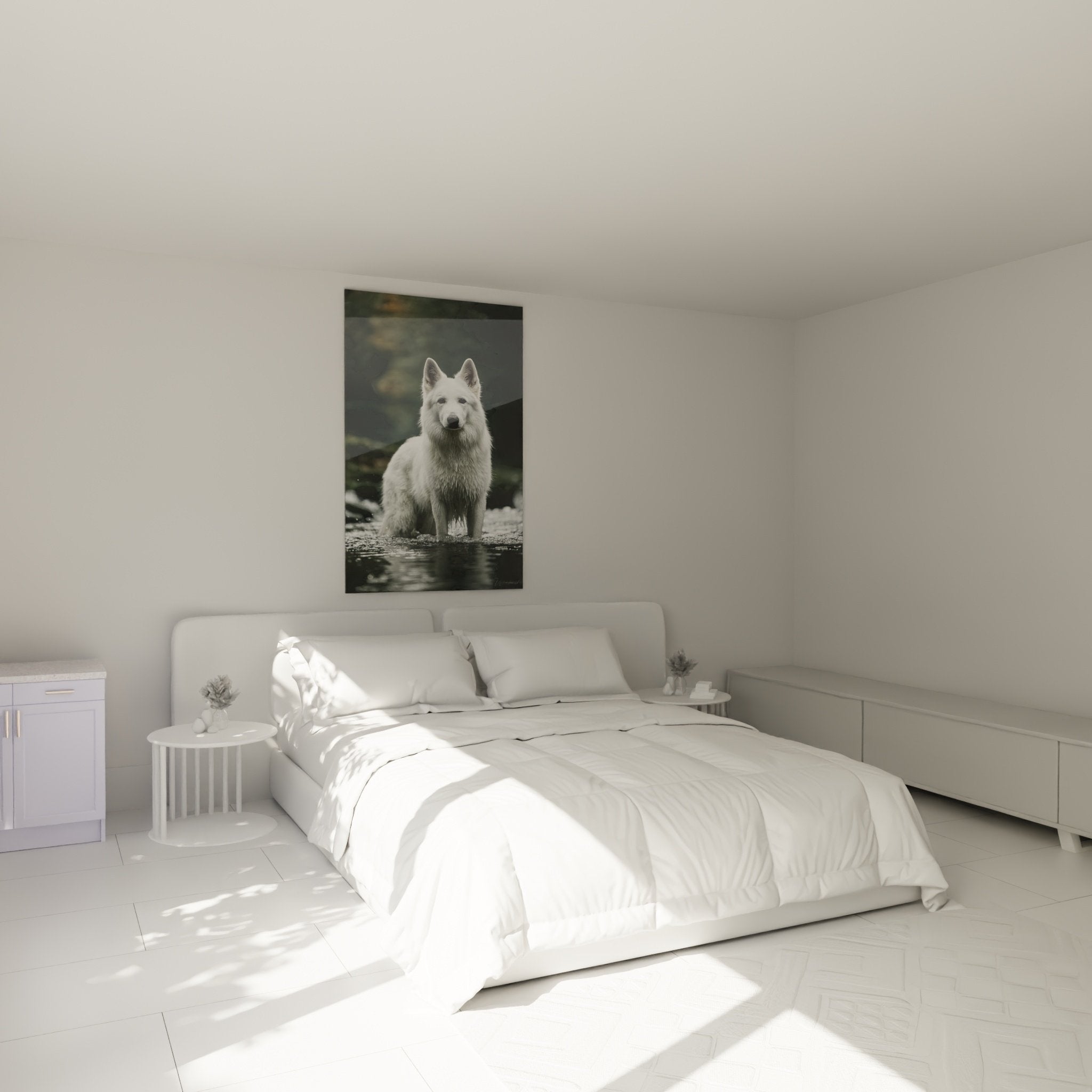 Weißer Schweizer Schäferhund Gemälde mit Wasserreflexen im modernen Schlafzimmer - beruhigende Wanddekoration