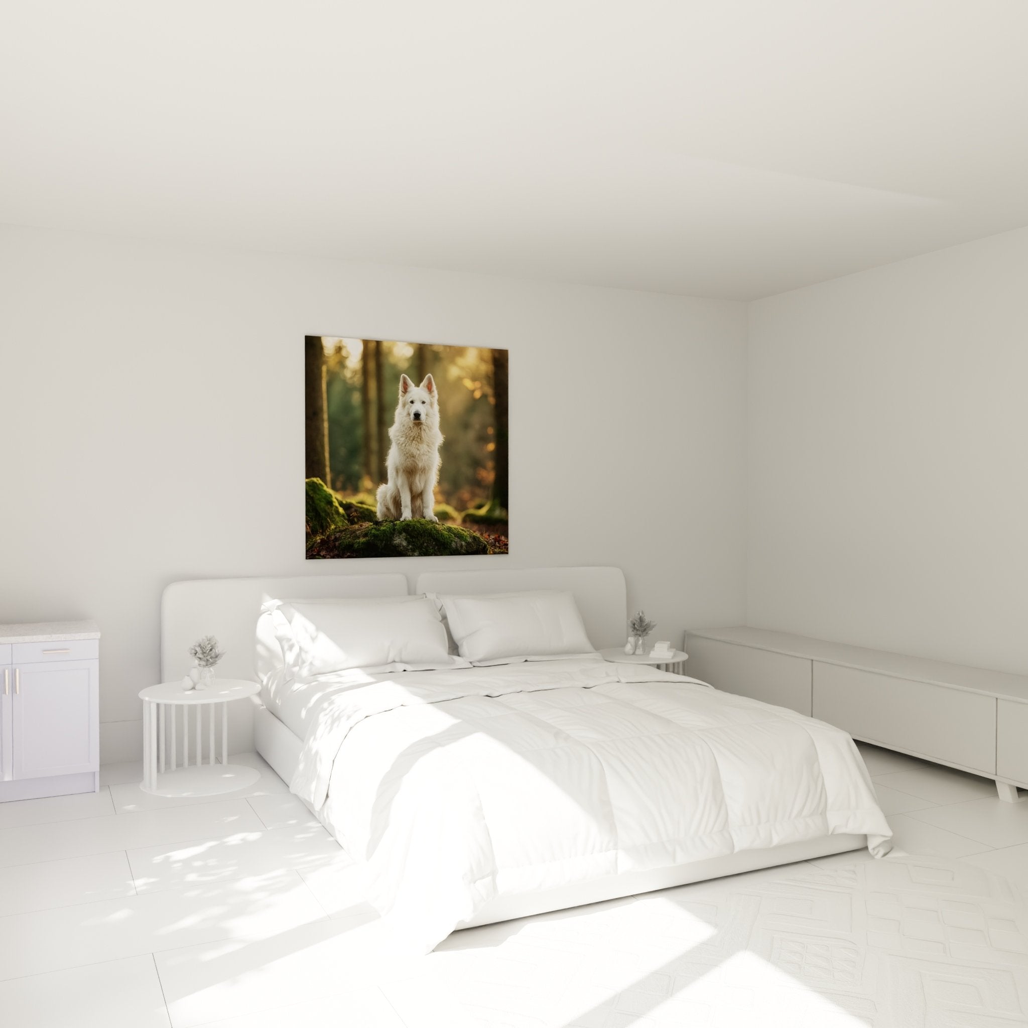 Tableau berger blanc sur rocher mousse ambiance chambre decoration murale apaisante