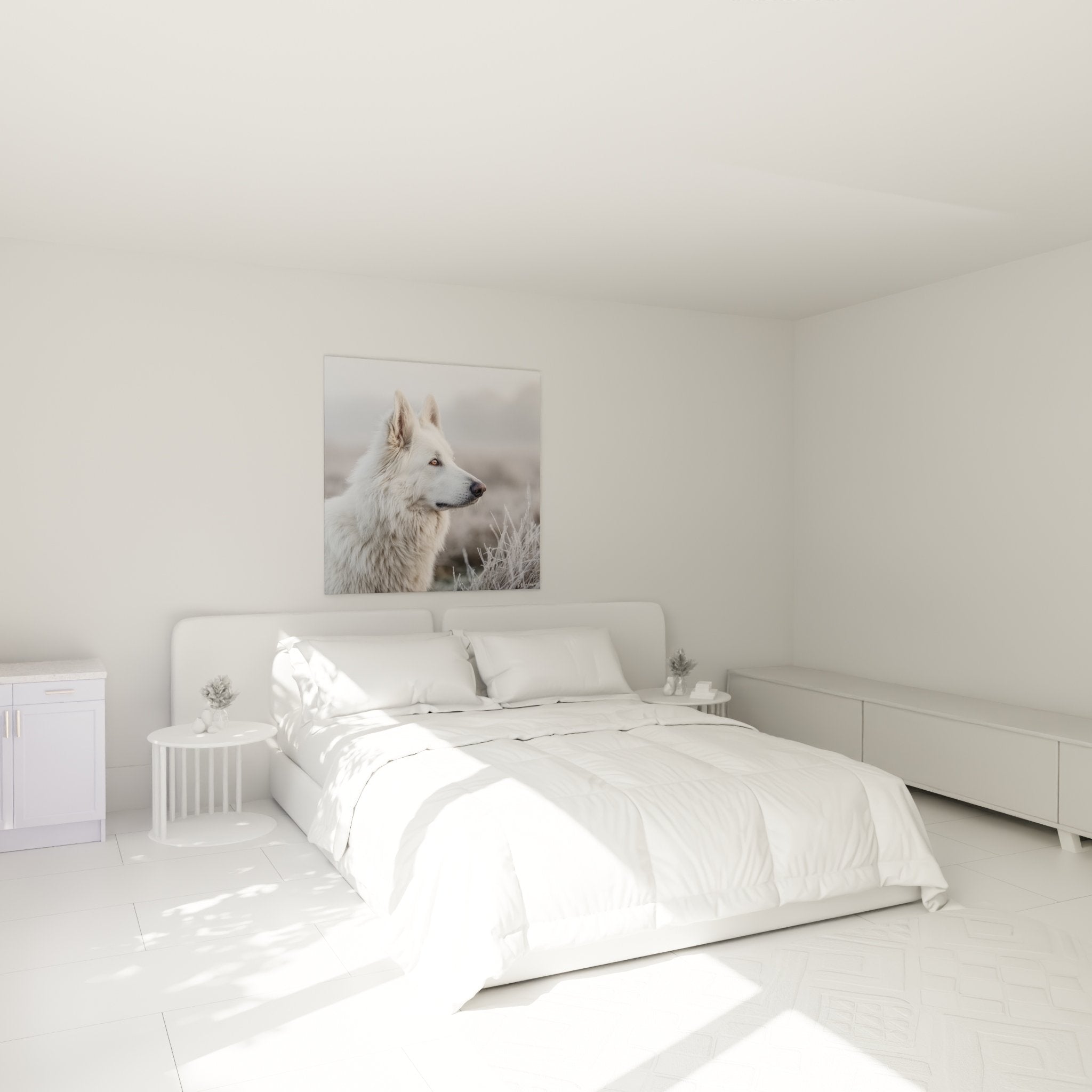 Tableau Berger Blanc Suisse chambre mur gris clair mobilier scandinave ambiance nordique apaisante