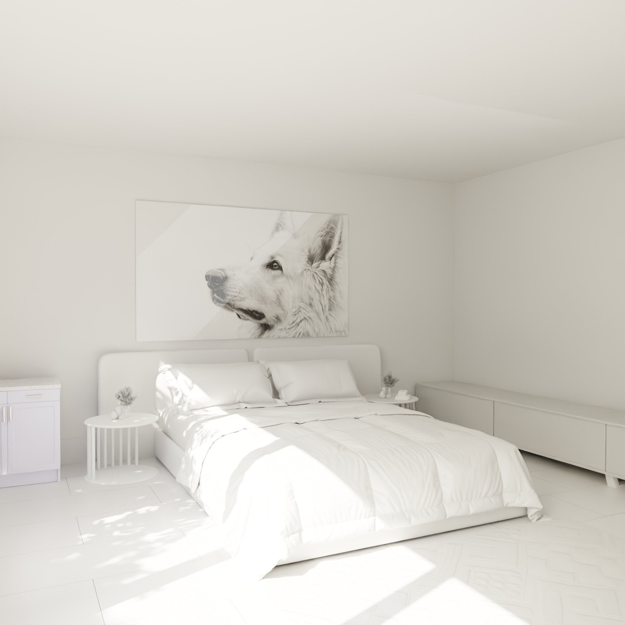 Tableau portrait berger blanc suisse noir blanc decoration chambre murale elegante minimaliste