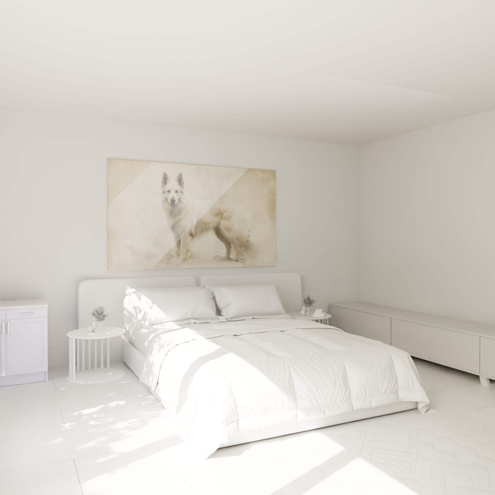 Tableau Berger Blanc Suisse sépia décorant une chambre aux tons naturels et chaleureux