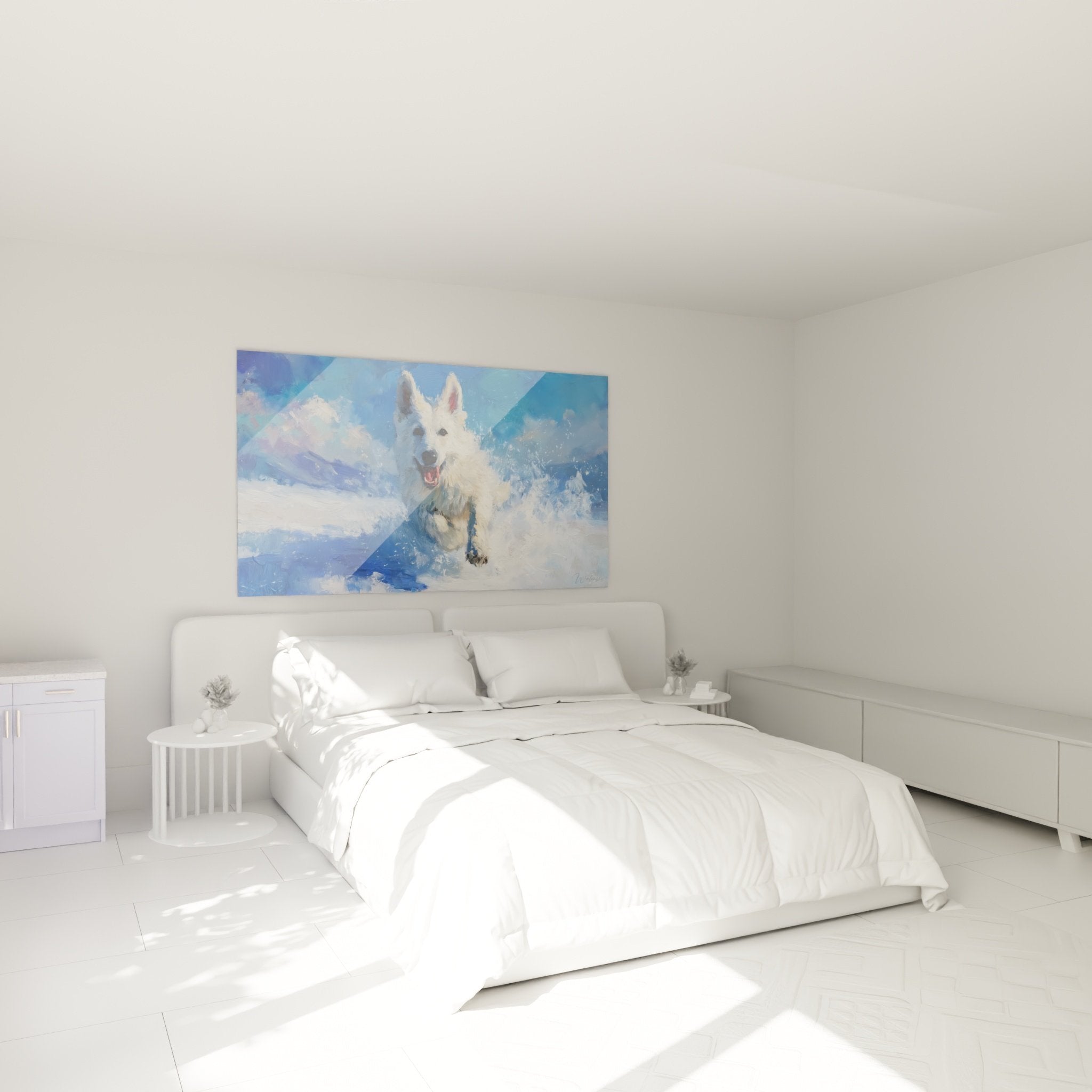 Tableau berger blanc suisse eau bleue accroche au mur chambre decoration murale chien blanc joyeux