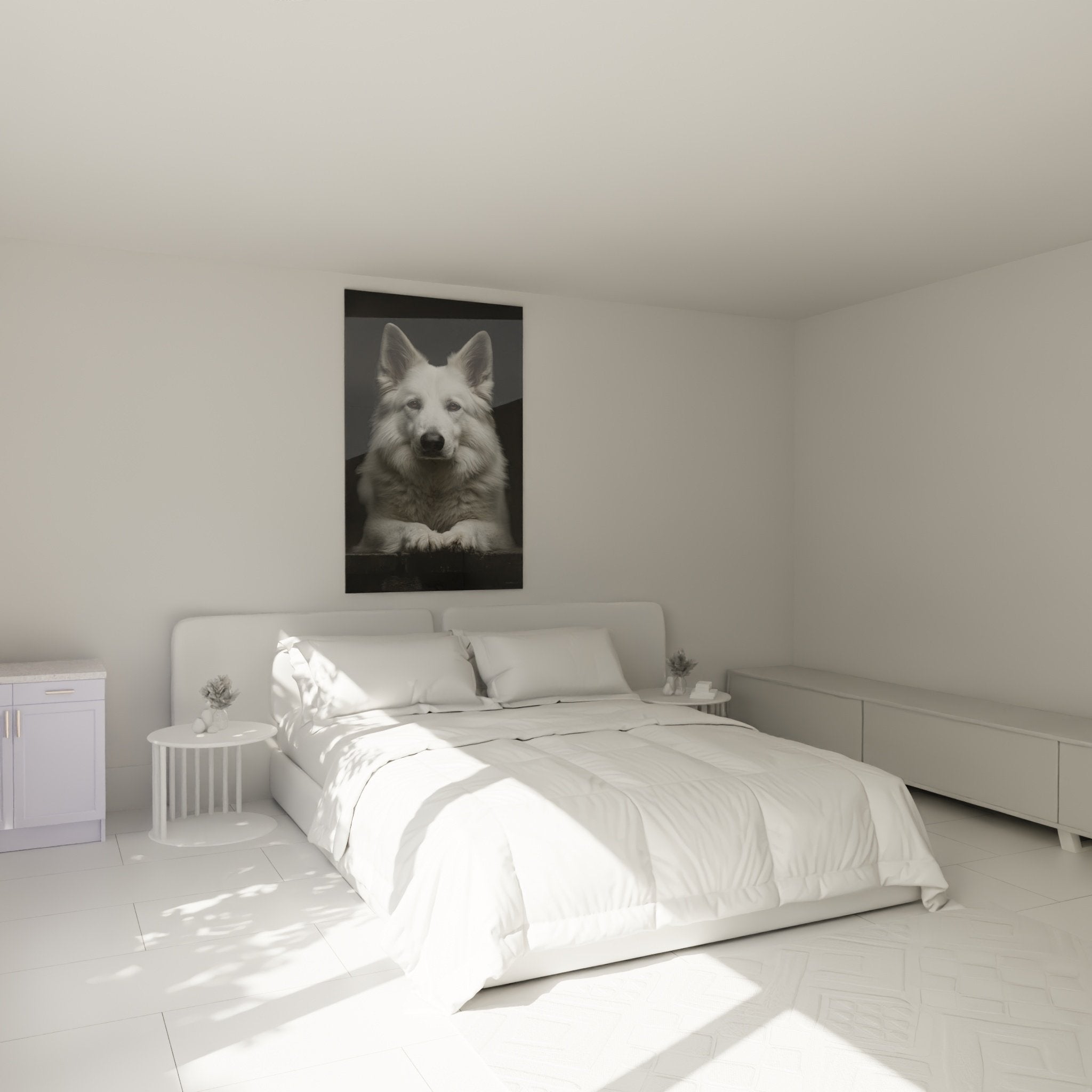 Tableau berger blanc suisse noir blanc decoration chambre ambiance apaisante