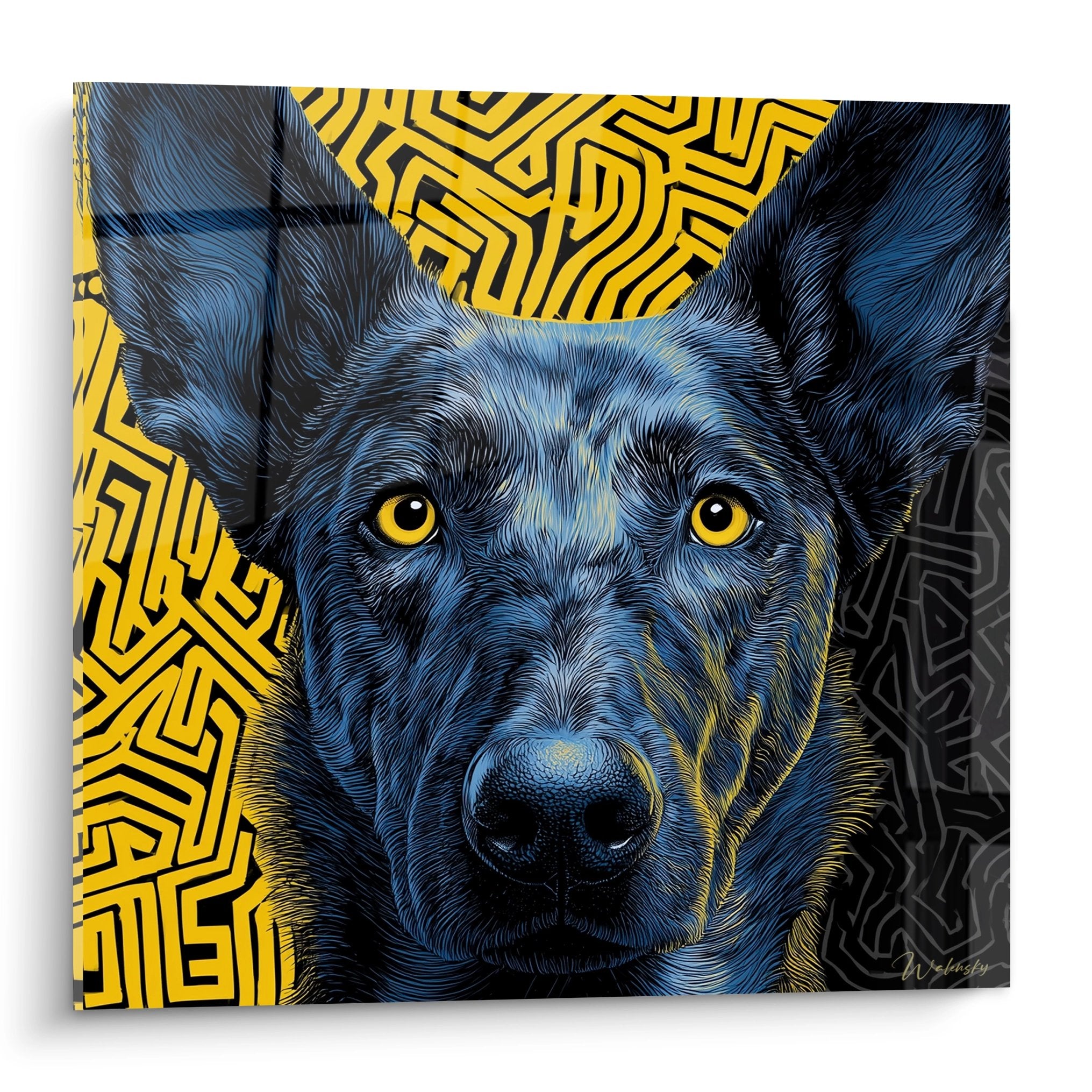 Portrait artistique Berger Hollandais bleu aux yeux dorés sur fond géométrique jaune tableau mural moderne