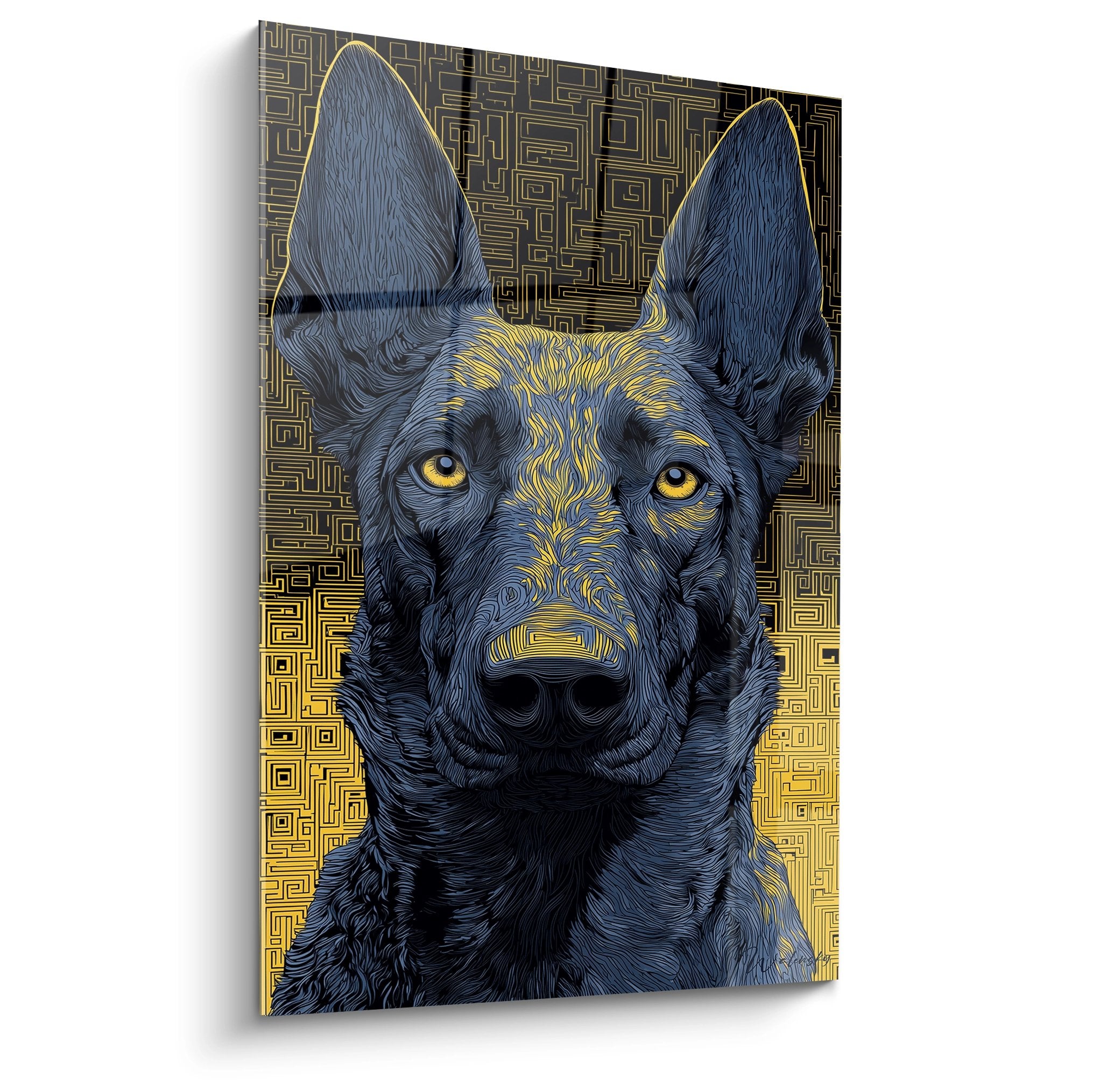 Portrait artistique Berger Hollandais bleu aux yeux dorés sur fond géométrique doré - tableau mural contemporain