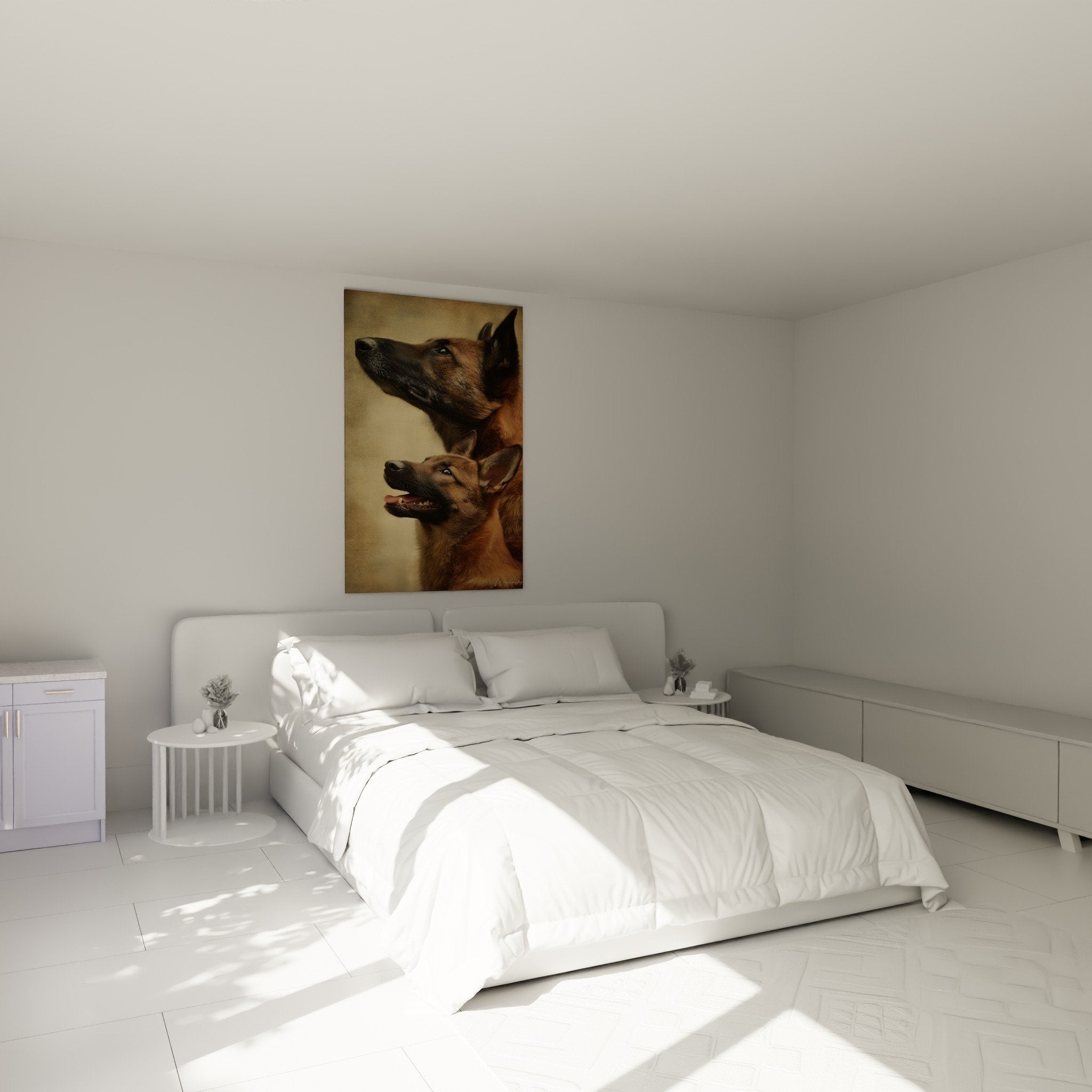 Tableau double portrait Berger Hollandais dans chambre moderne, ambiance chaleureuse avec tons ocre et dores