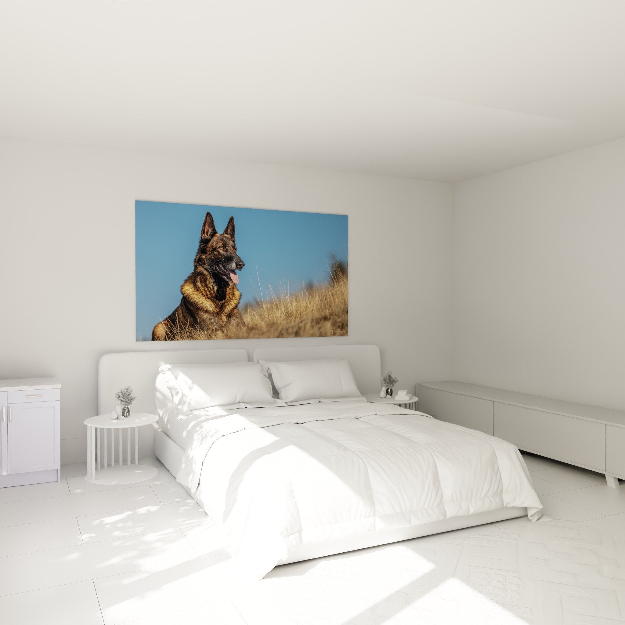 Quadro Pastore Olandese toni caldi appeso sopra il letto in camera decorazione murale cane