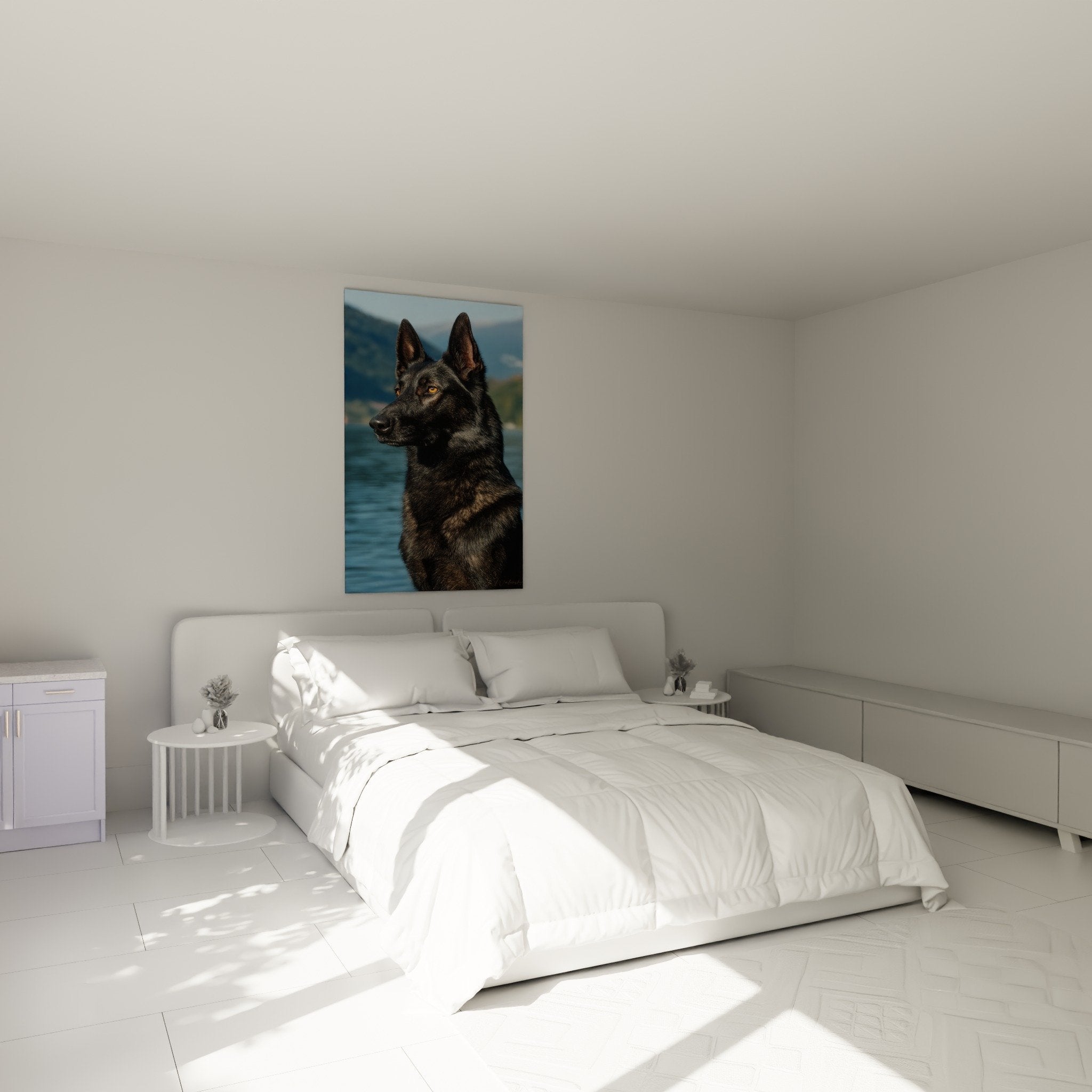 Dark Dutch Shepherd wall art in modern bedroom with neutral tones