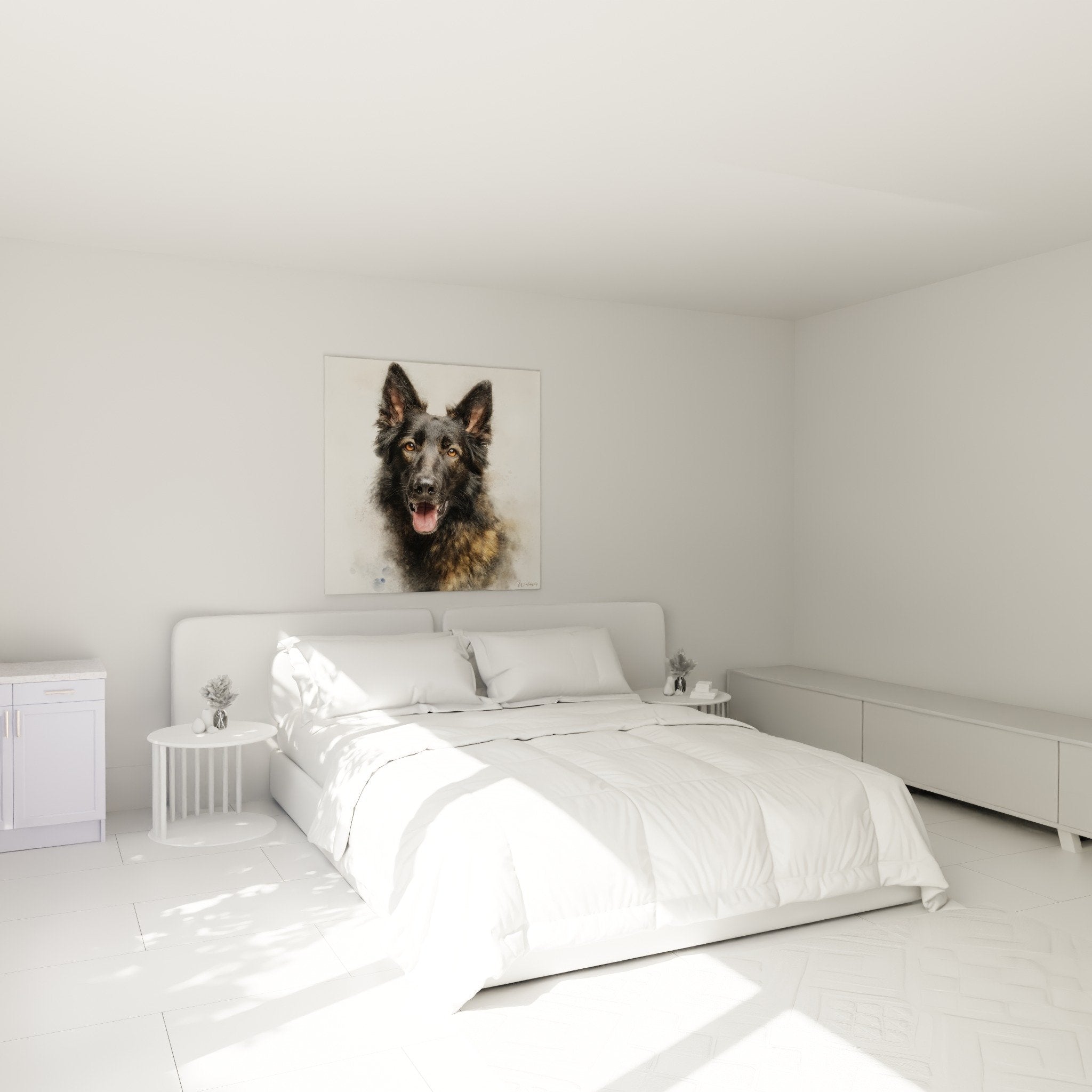 Tableau Berger Hollandais portrait animalier décorant chambre moderne mur beige ambiance chaleureuse