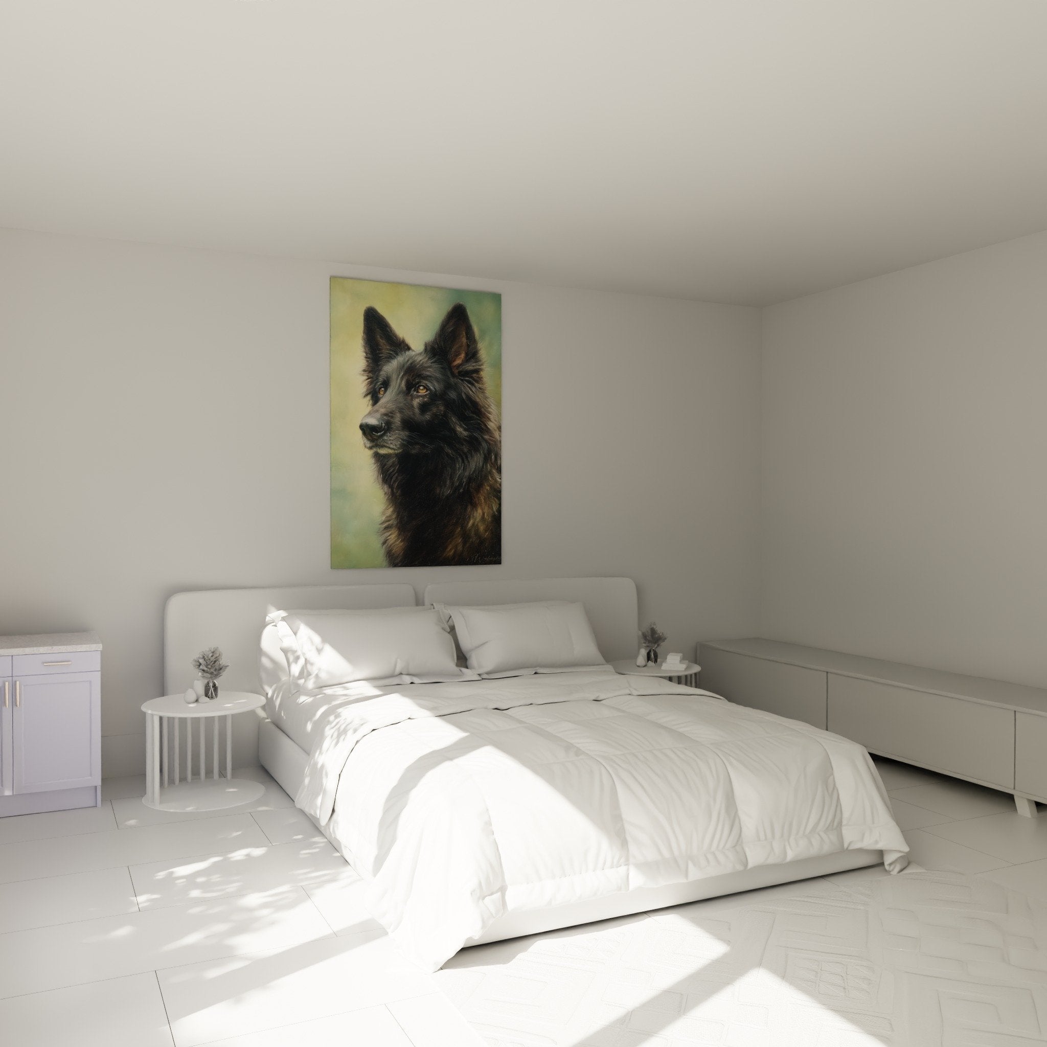 Dutch Shepherd Dog intense gaze wall art bedroom warm ambiance contemporary canine artwork