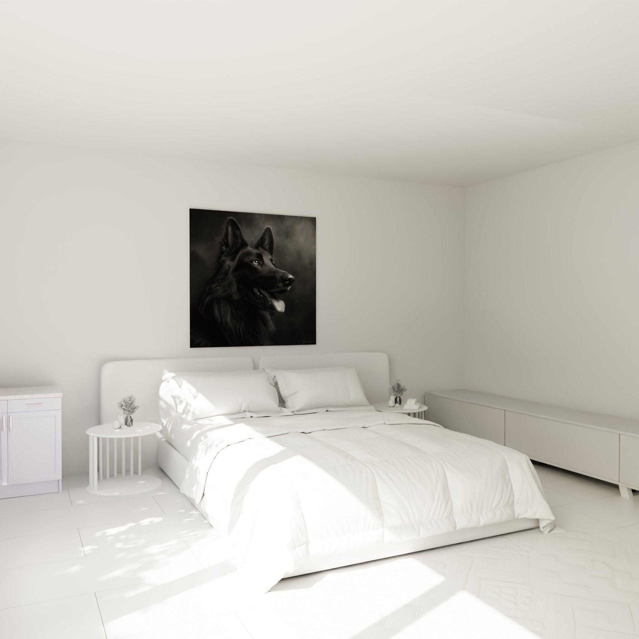 Dutch Shepherd portrait black and white wall art hanging above bed in modern bedroom