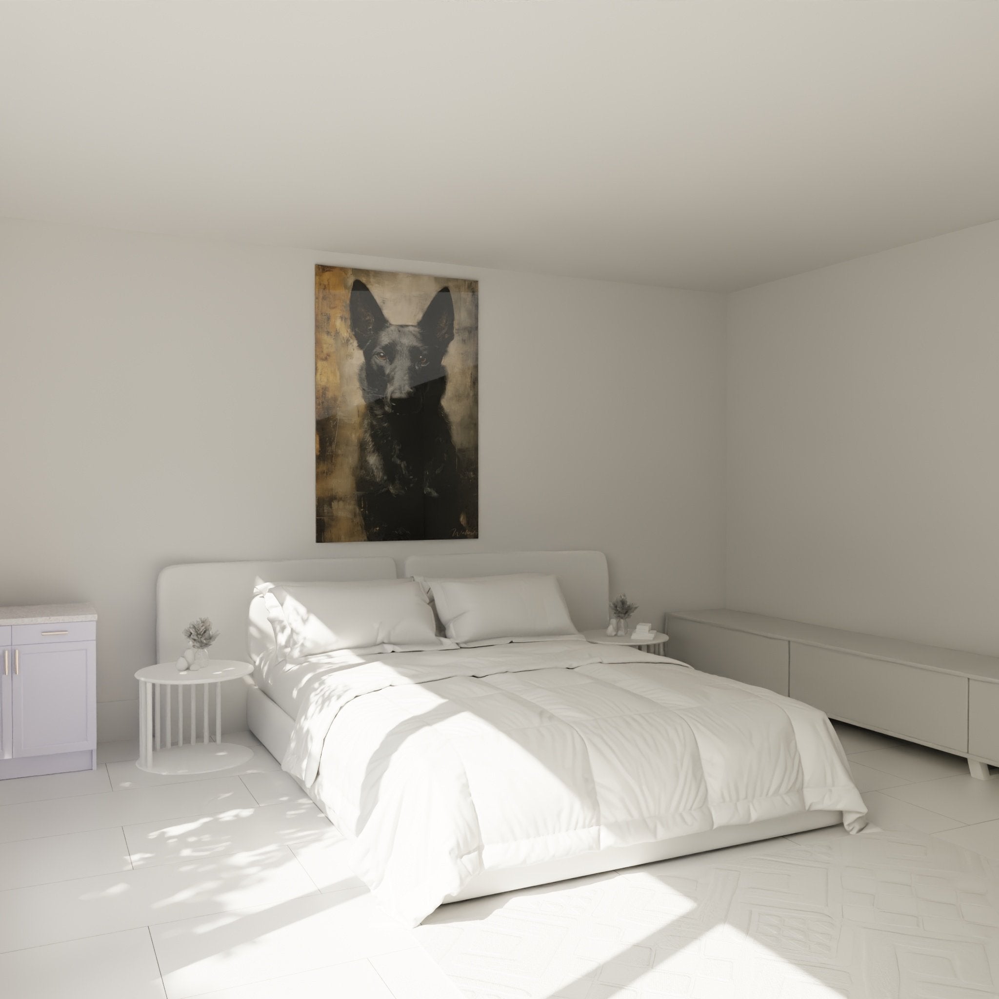 Porträt Belgischer Schäferhund Malinois an der Schlafzimmerwand aufgehängt, Wanddekoration, Hundekunst auf ockerfarbenem Hintergrund