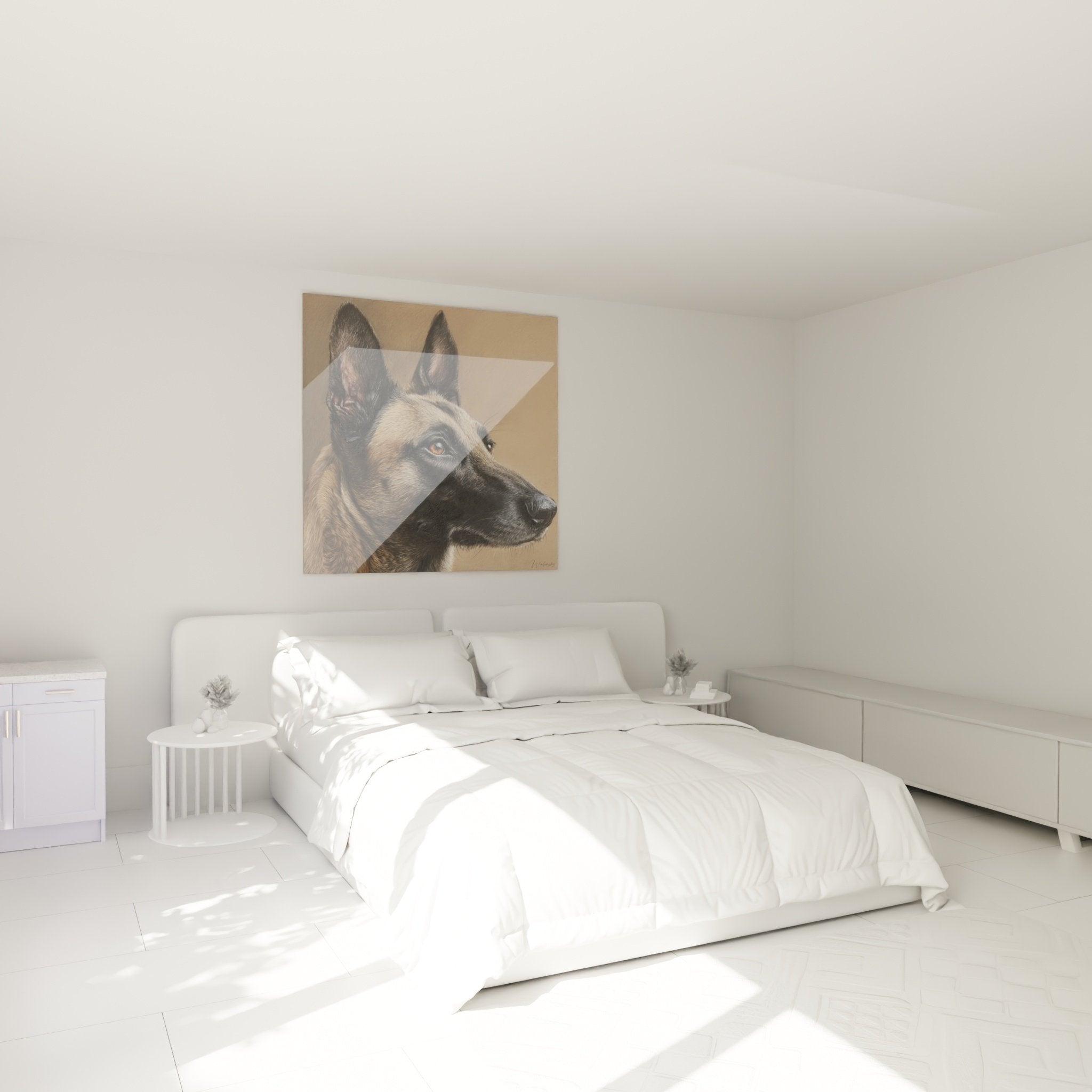 Belgischer Schäferhund Malinois Porträt Wandbild im Schlafzimmer aufgehängt, Wanddekoration in warmen Tönen, gemütliche Atmosphäre