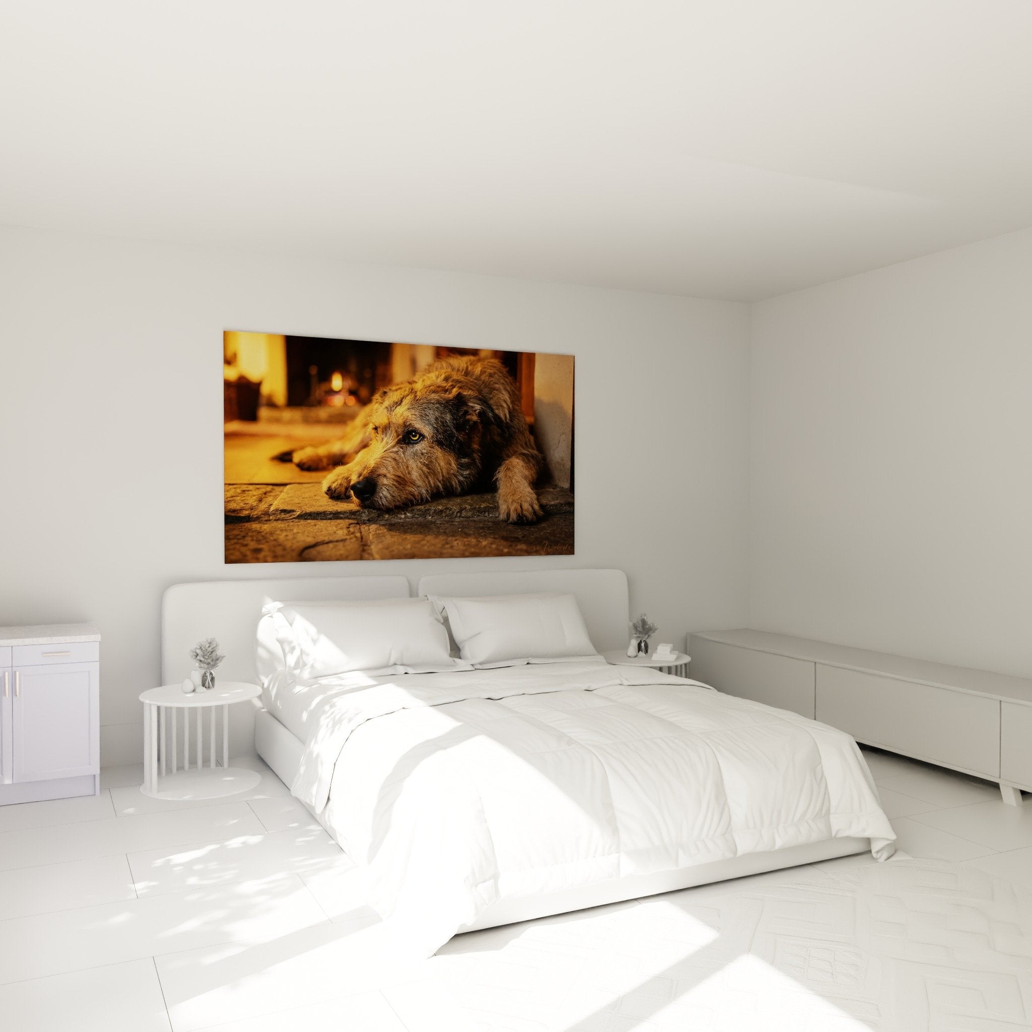 Berger Picard painting golden tones hung in bedroom warm wall decor intimate atmosphere