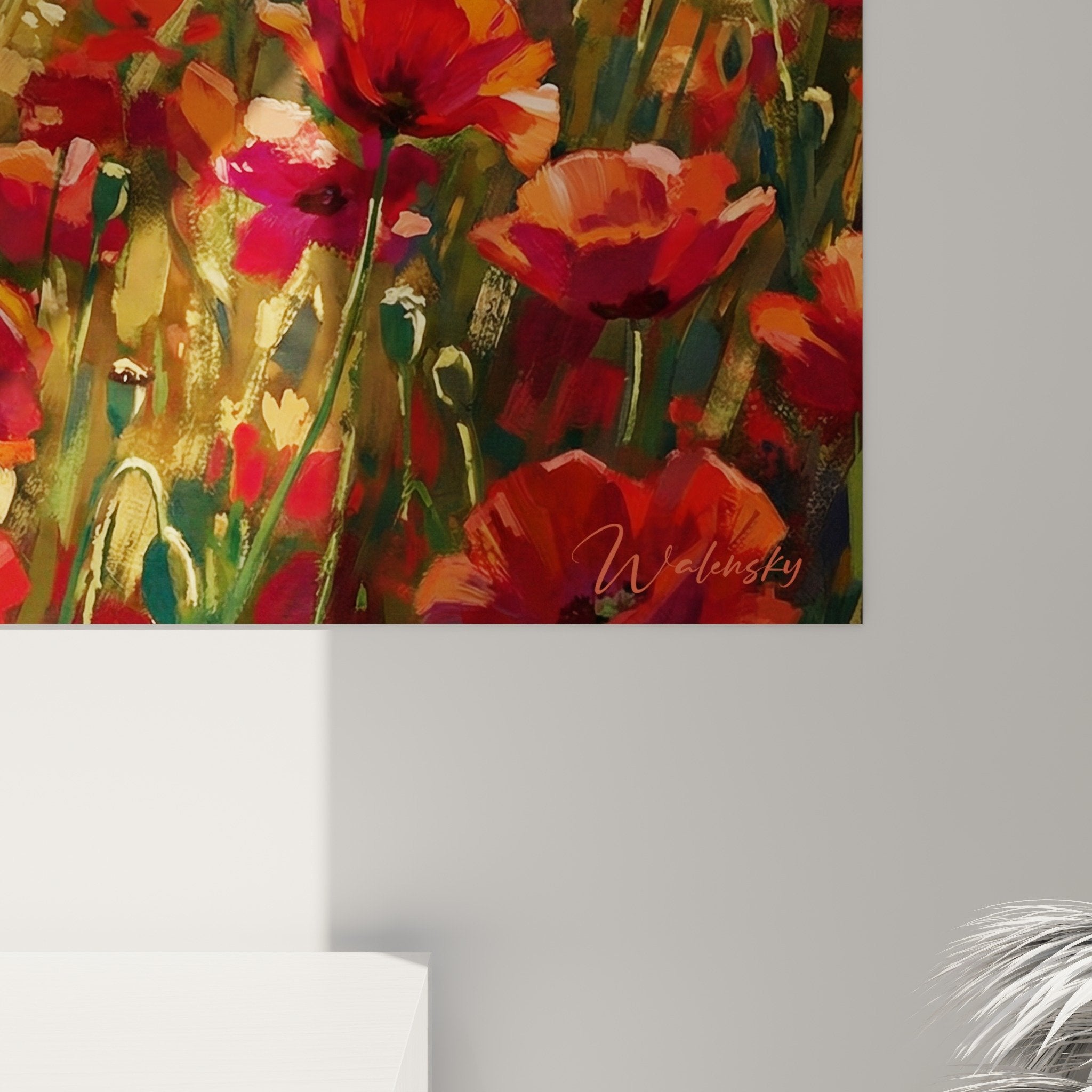 Übersicht des Gemäldes Berger Picard in Mohnblüten, das in einem zeitgenössischen Interieur ausgestellt ist