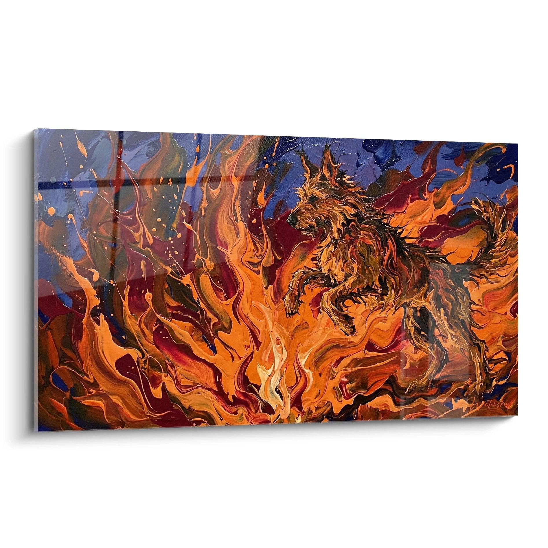 Tableau artistique Berger Picard dans flammes orange et bleue, style contemporain dramatique, edition chien