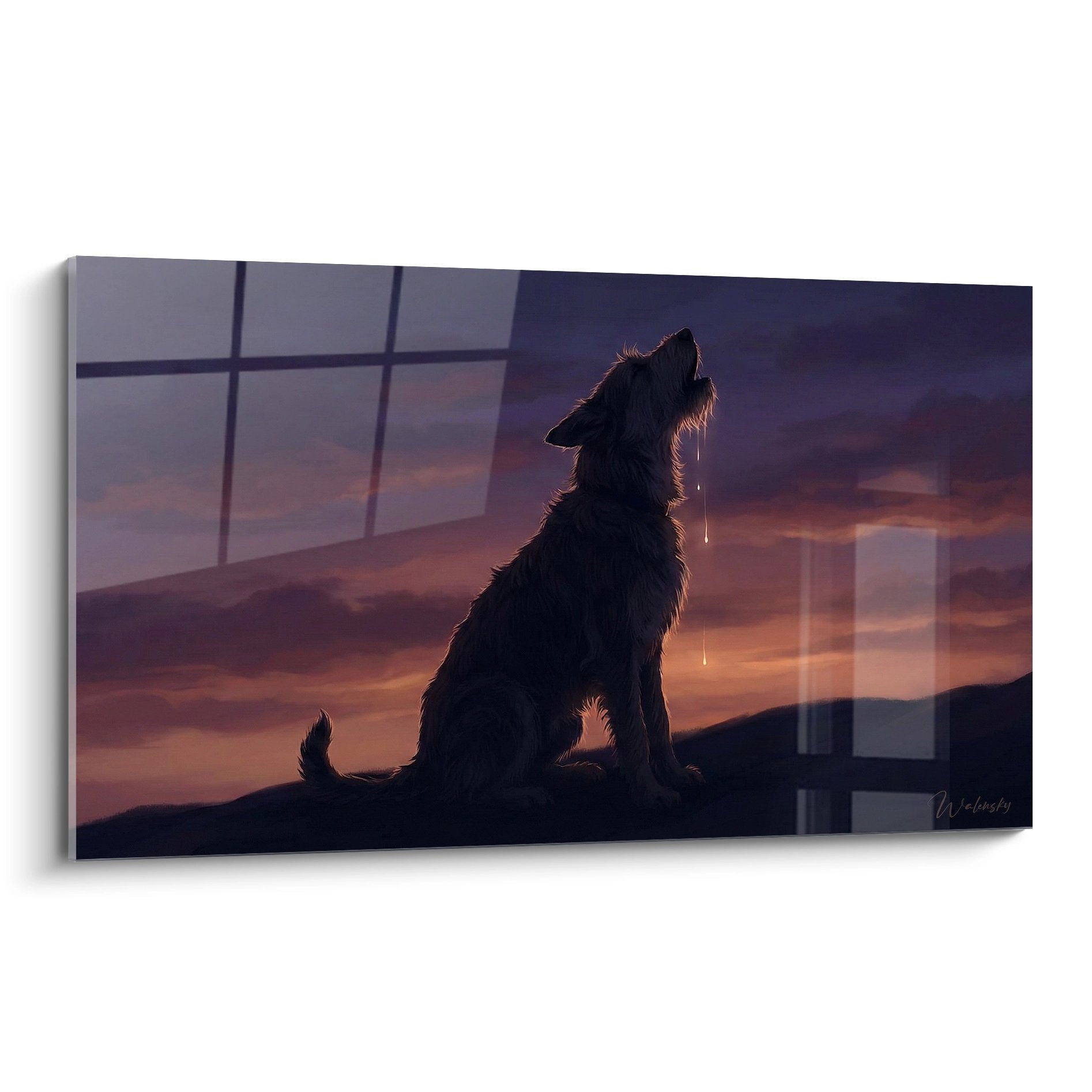 Tableau Berger Picard silhouette noire hurlement coucher soleil tons orange violet decoration murale chien