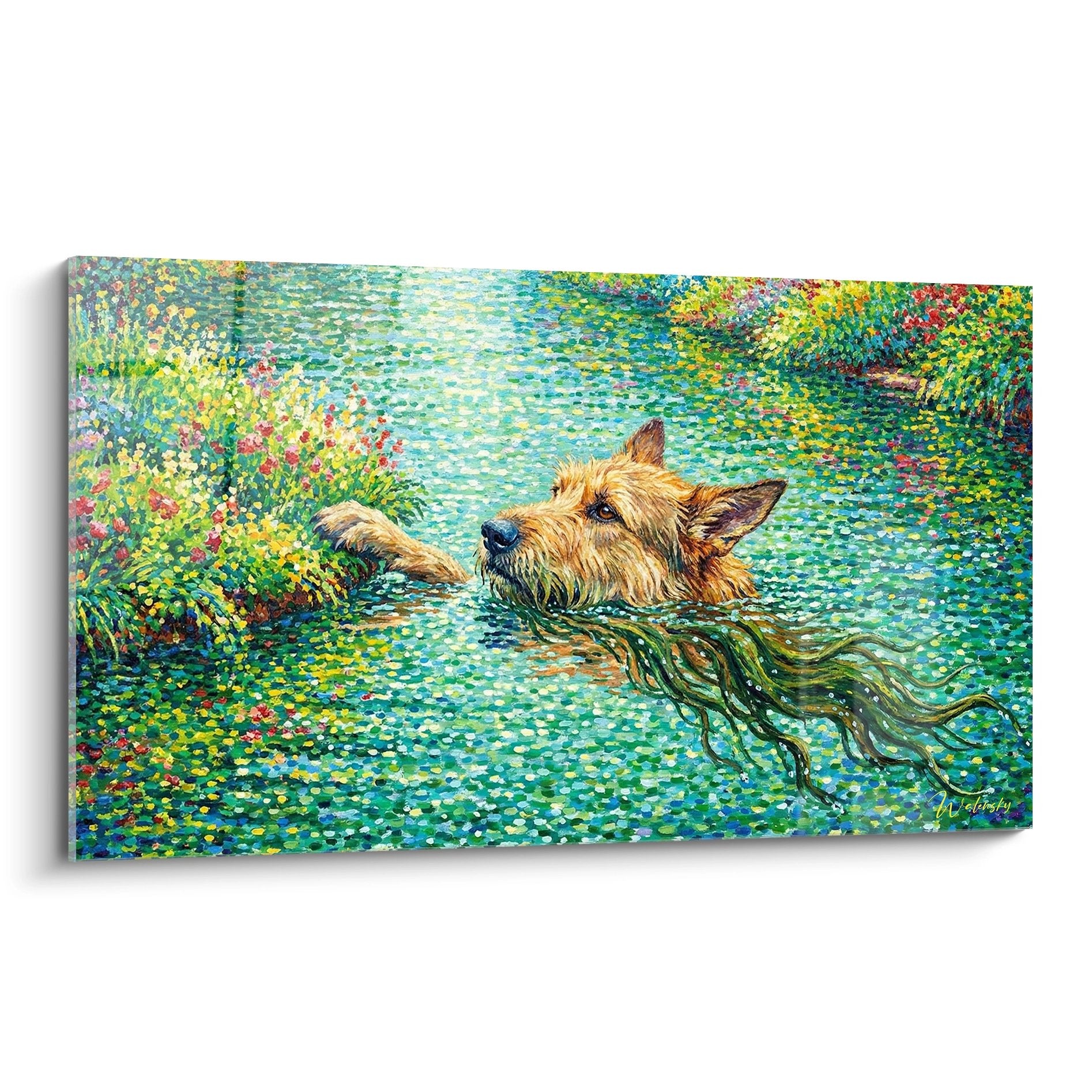 Impressionistisches Gemälde Bearded Collie schwimmend in Wassergarten mit türkisfarbenen Reflexionen und floralen Akzenten