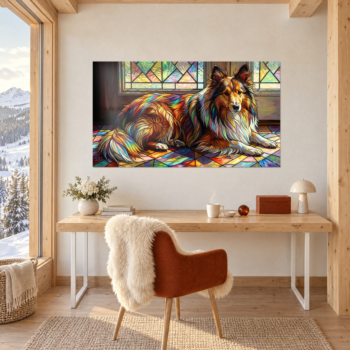 Gemälde Mini-Deerhound mit regenbogenfarbenen Strähnen, Glasfenster in Ocker und Violett, über einem Schreibtisch aus hellem Holz