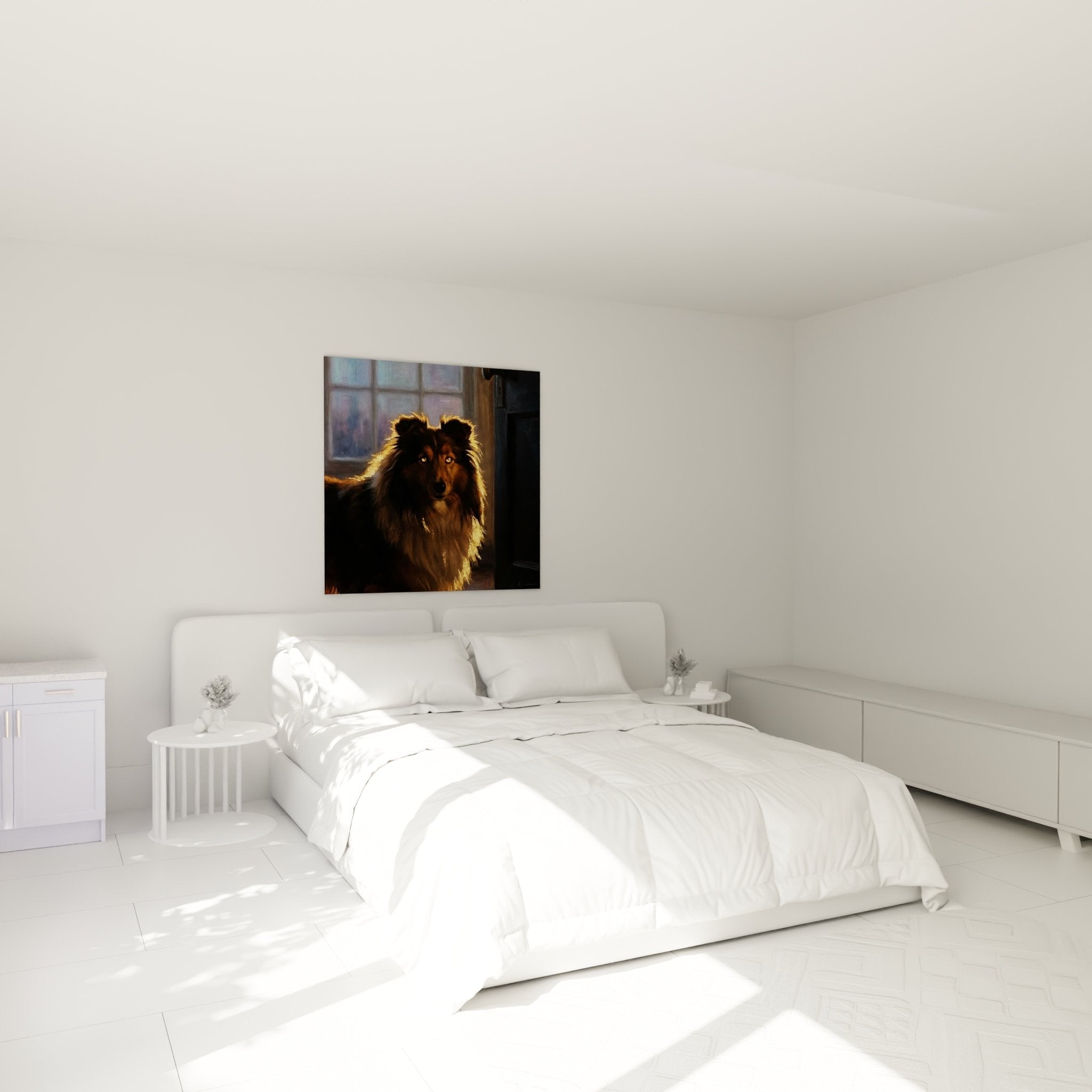 Tableau Berger des Shetland portrait dore dans chambre decoration murale chaleureuse ambiance apaisante