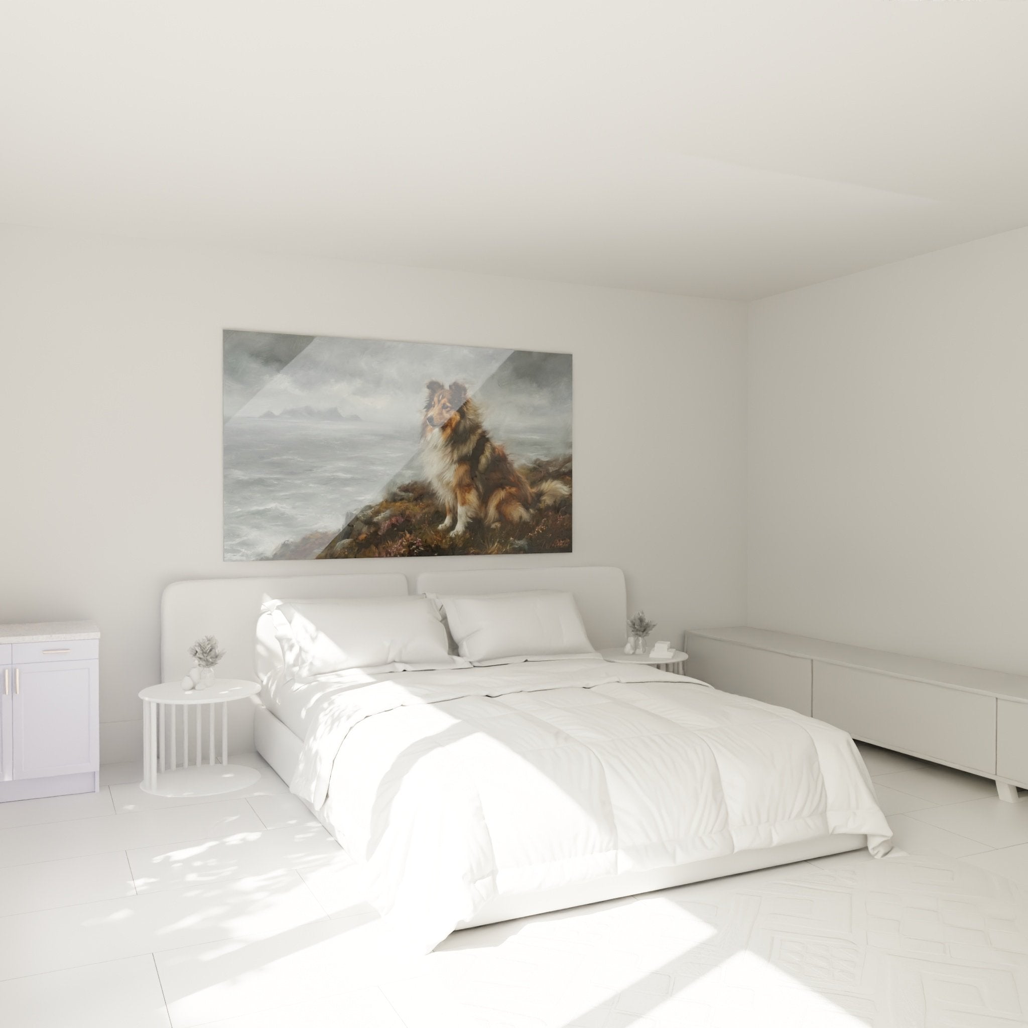 Shetland-Schafhirte Gemälde felsige Küste im modernen Schlafzimmer, Hund Wanddekoration, beruhigende Atmosphäre