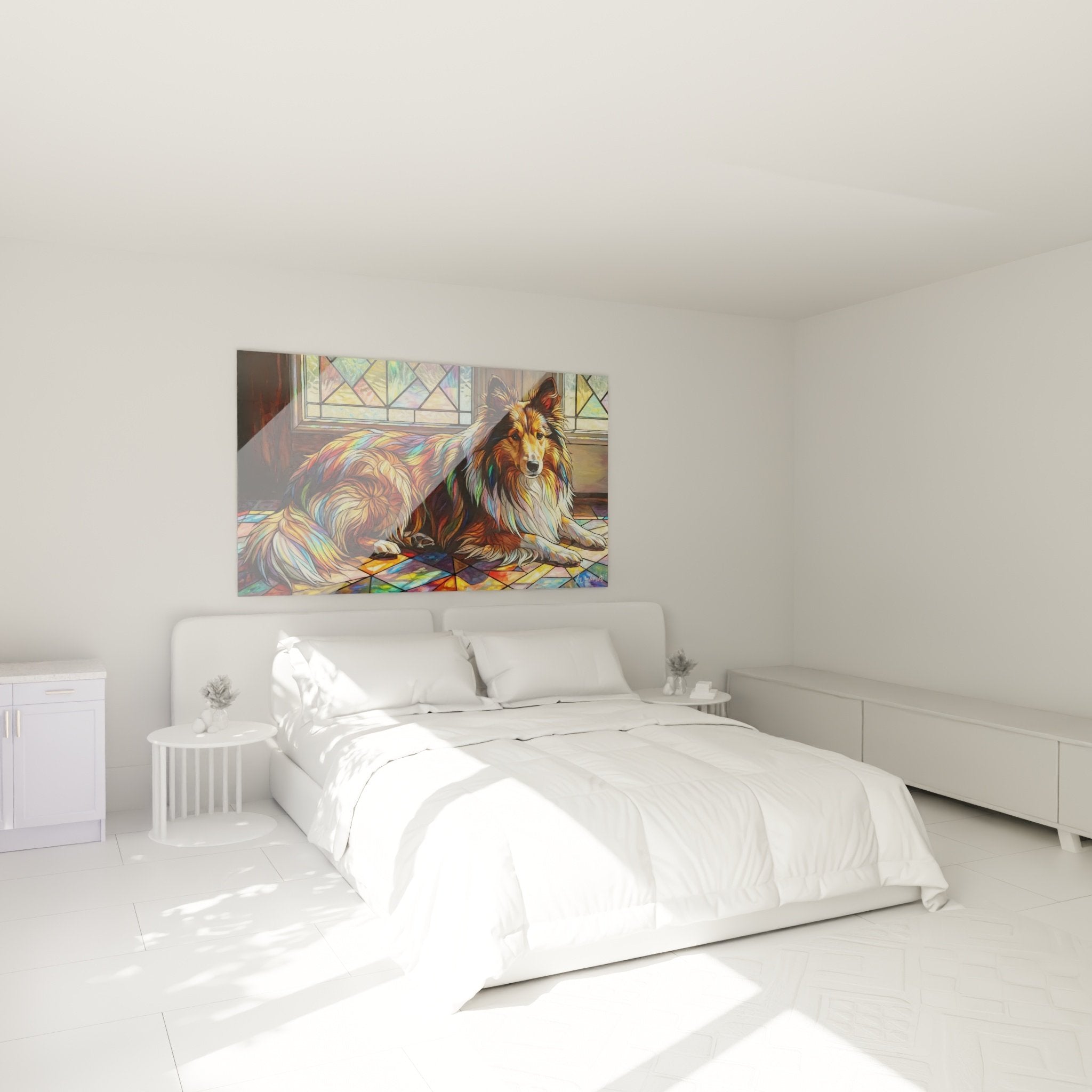 Tableau Berger des Shetland coloré décorant une chambre moderne avec murs blancs et mobilier contemporain épuré