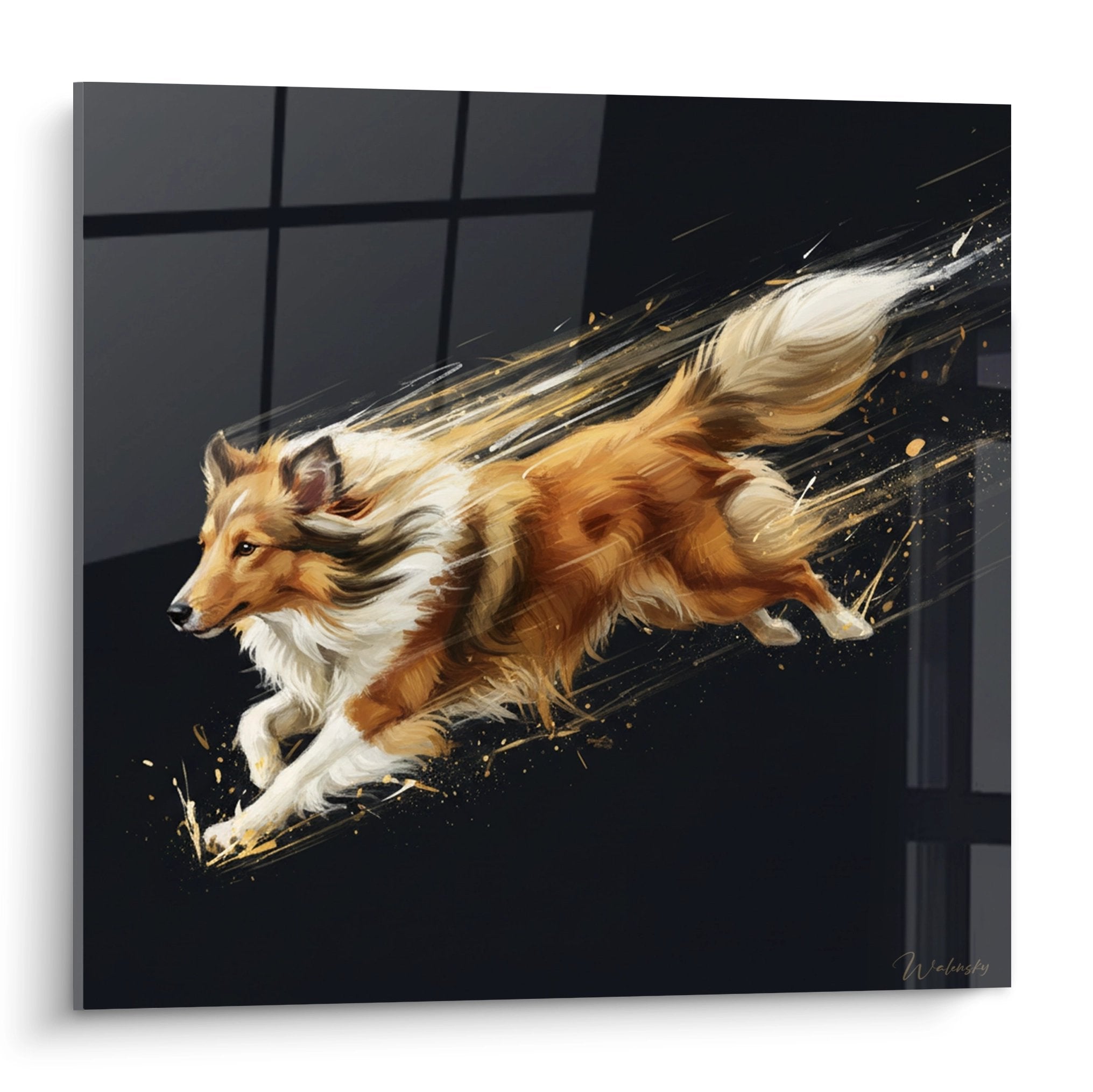 Tableau berger des shetland course dynamique pelage dore fond noir eclats lumiere artistique moderne