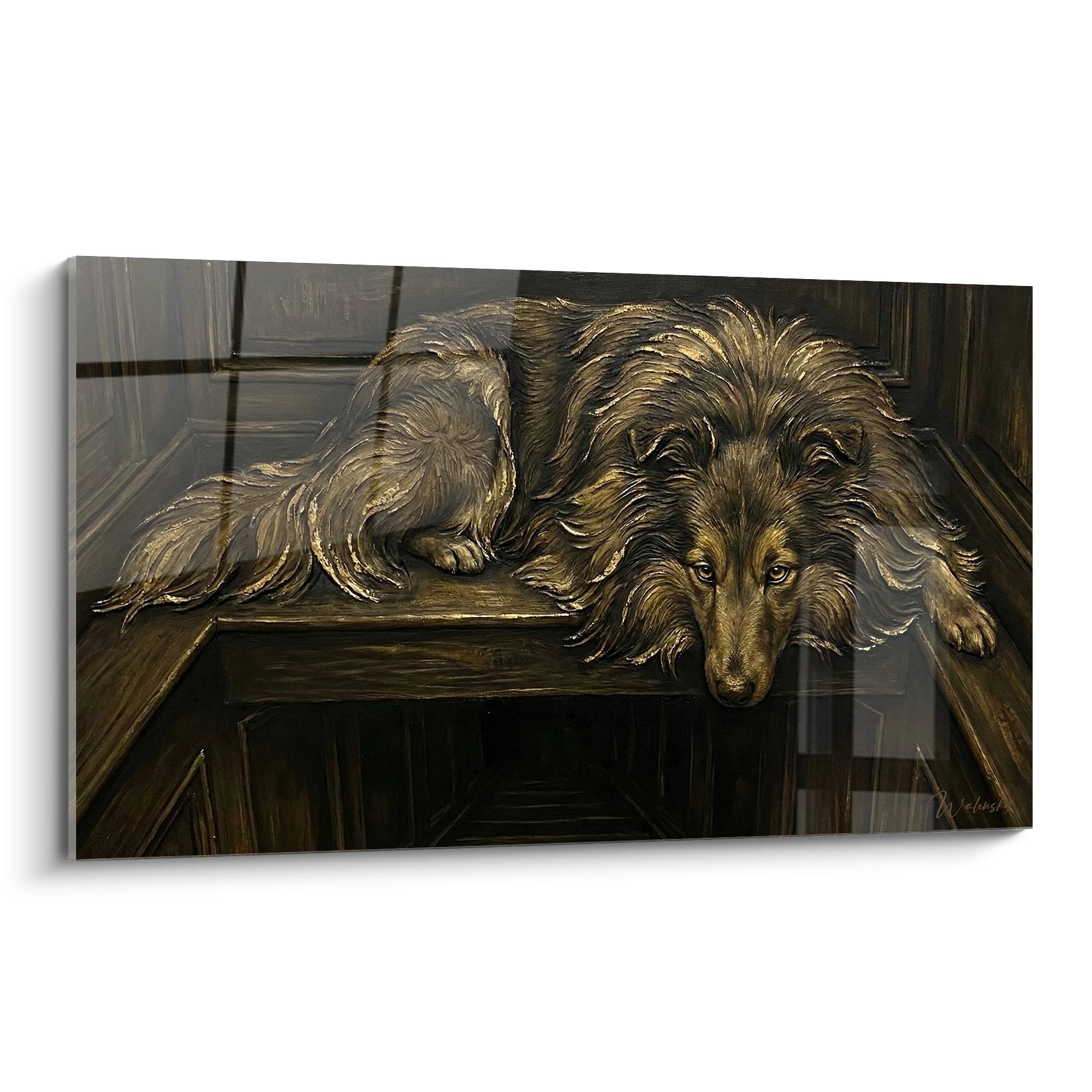 Tableau berger des shetland aux tons dores allonge paisiblement sur meuble bois fonce art animalier chaleureux