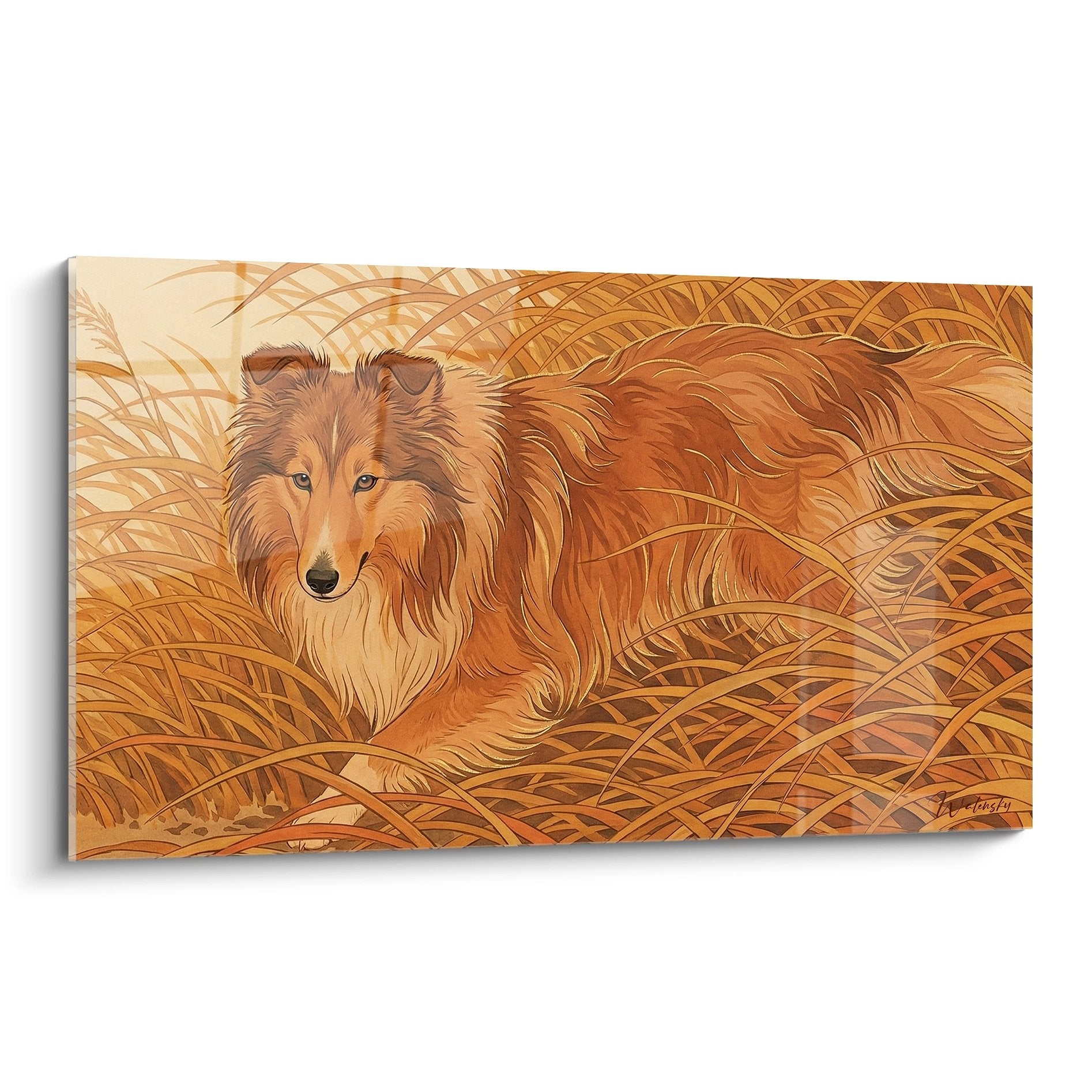 Tableau berger des shetland aux tons dores couche dans herbes automnales ambiance chaleureuse