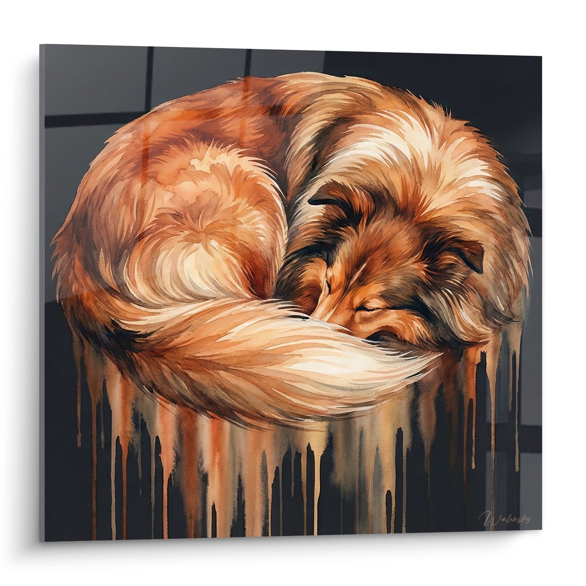 Tableau artistique berger des shetland endormi tons cuivre et or avec effet coulure