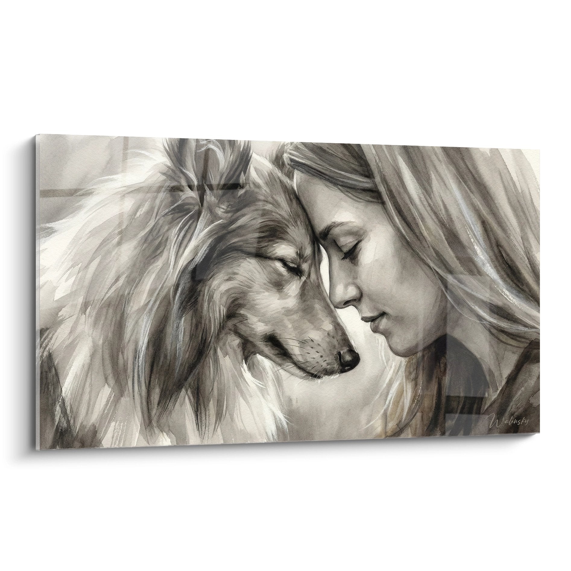 Tableau femme et berger des shetland tons sepia moment tendre complicité