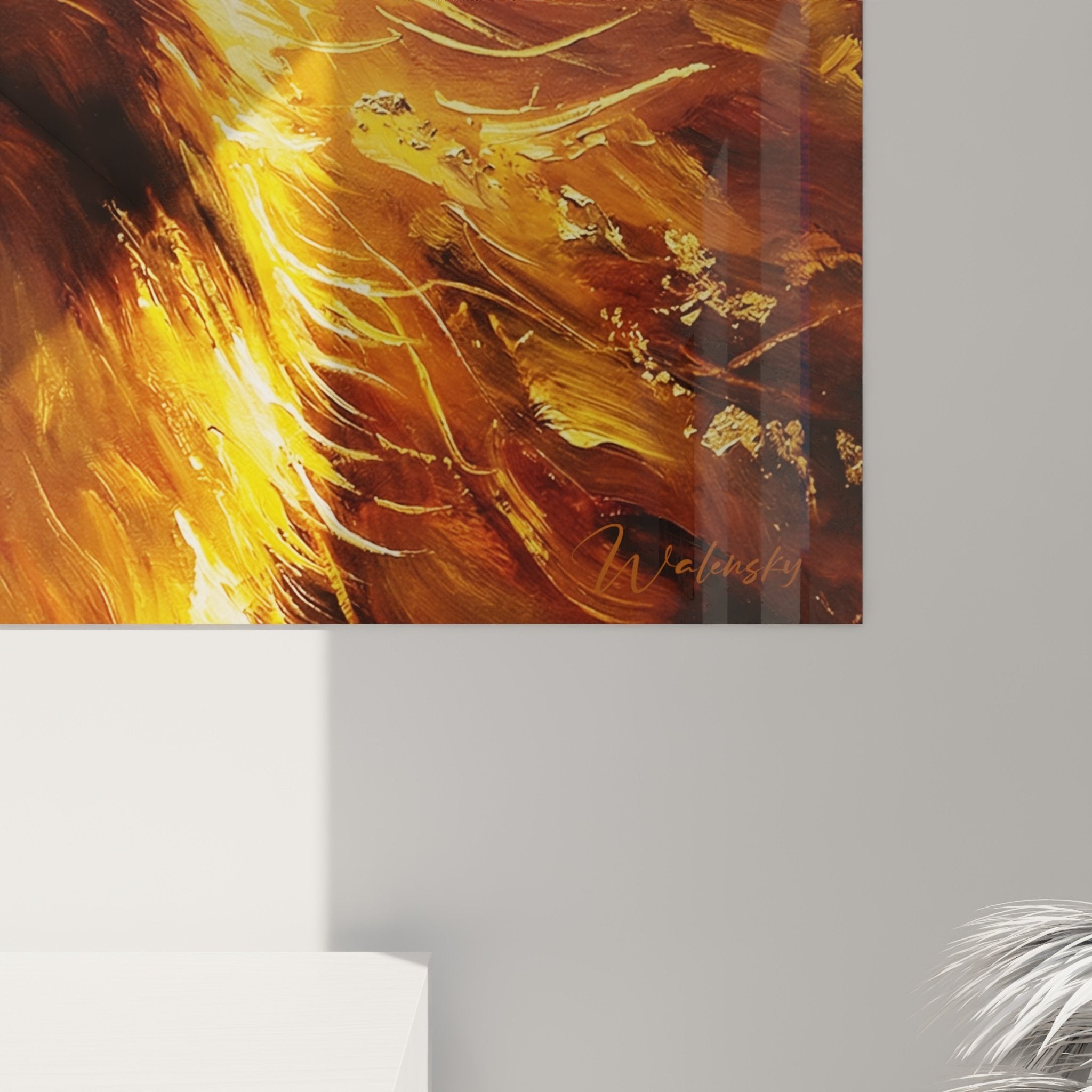 Tableau mural Berger des Shetland effet flammes dorées dans intérieur contemporain élégant