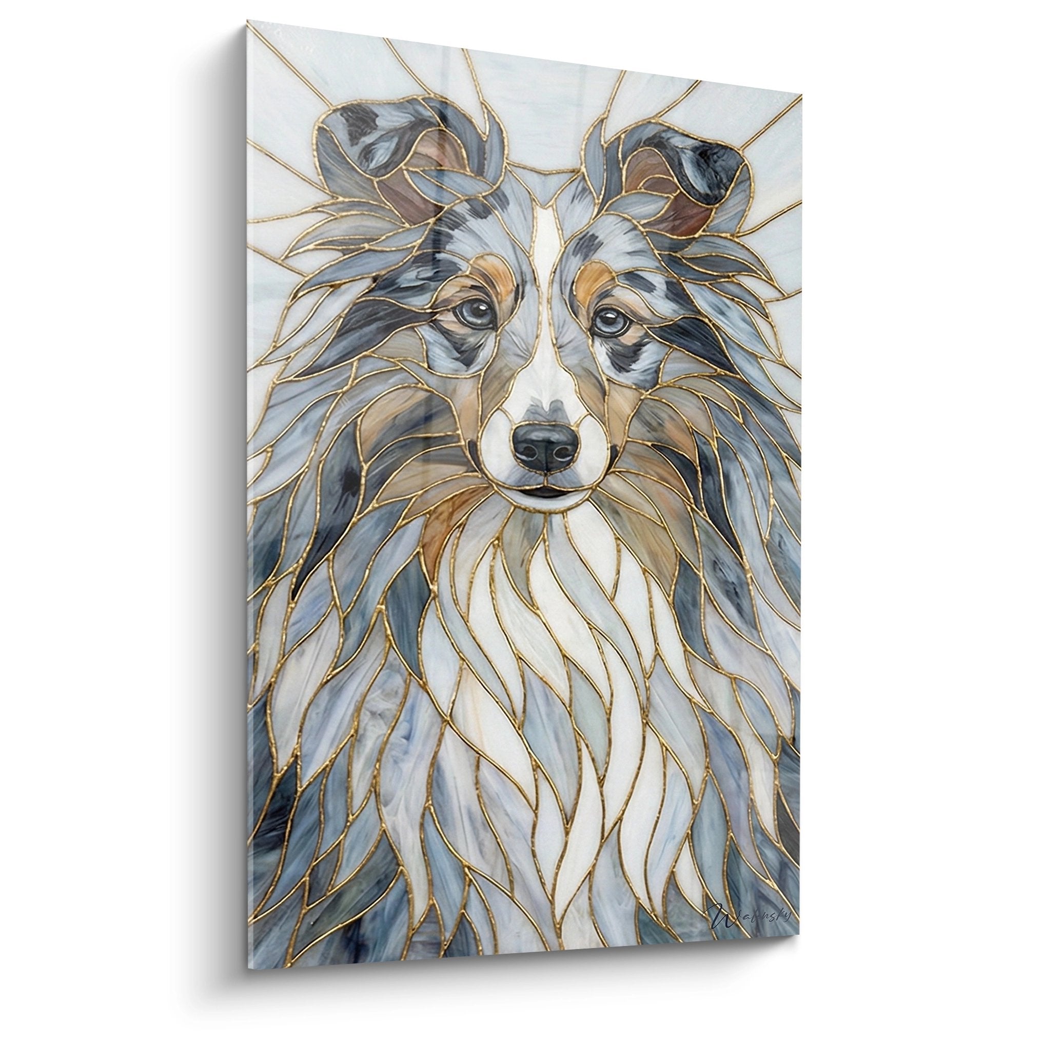 Tableau portrait Berger des Shetland style vitrail avec contours dorés sur fond blanc