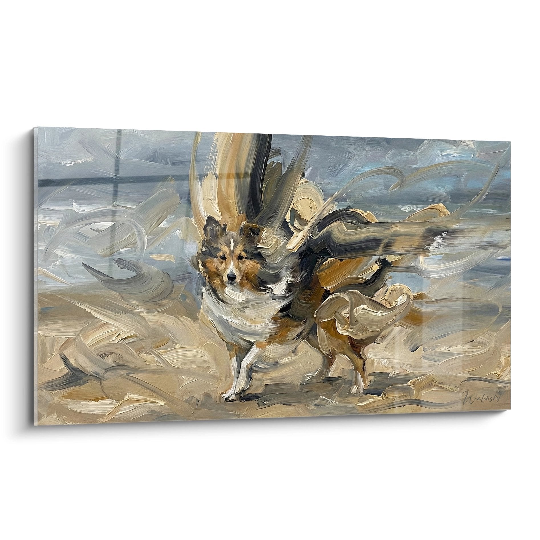 Tableau expressionniste Berger des Shetland en mouvement dynamique, pinceaux tourbillonnants tons ocre et beige