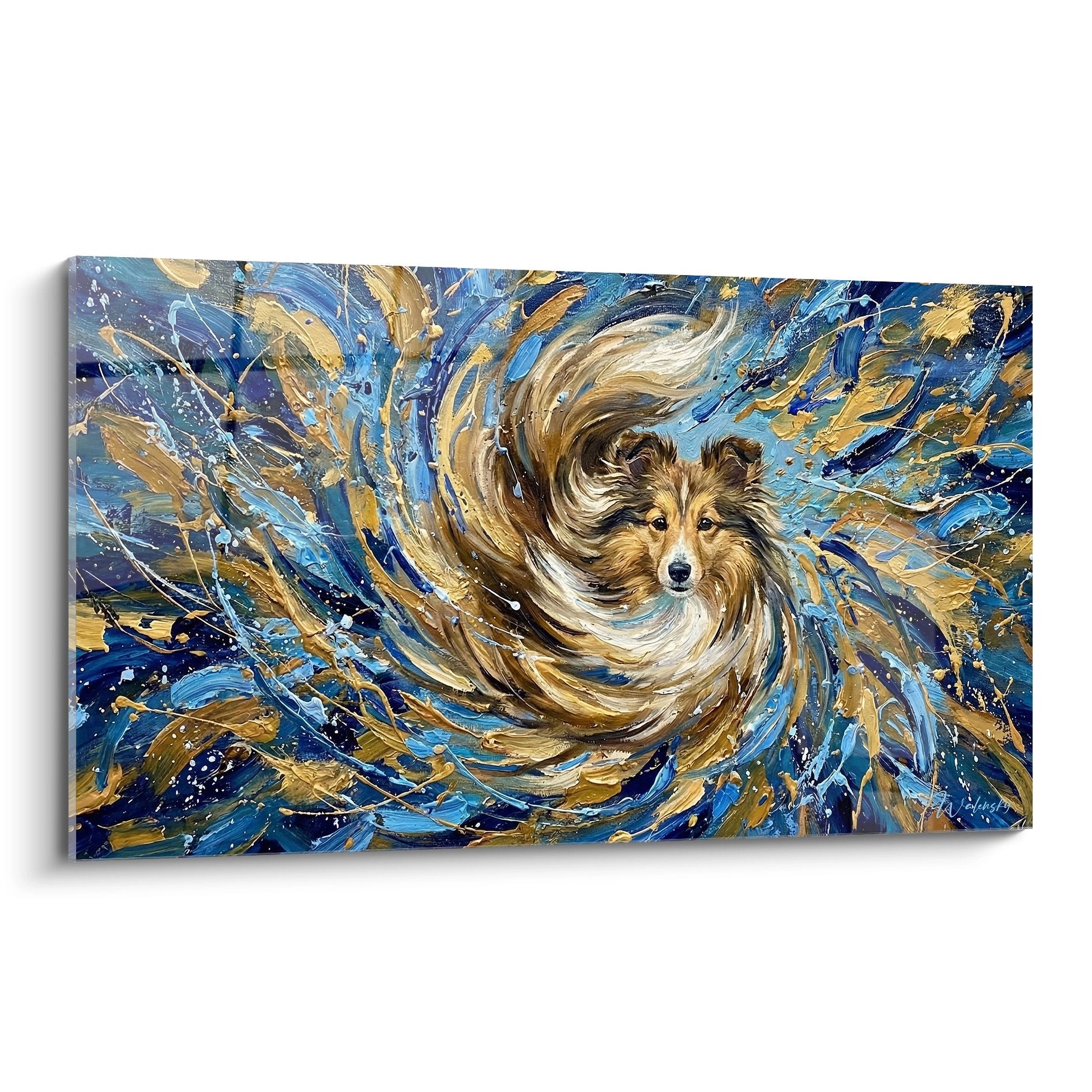Tableau berger shetland tourbillon dore bleu art mural chien energie cosmique peinture expressionniste