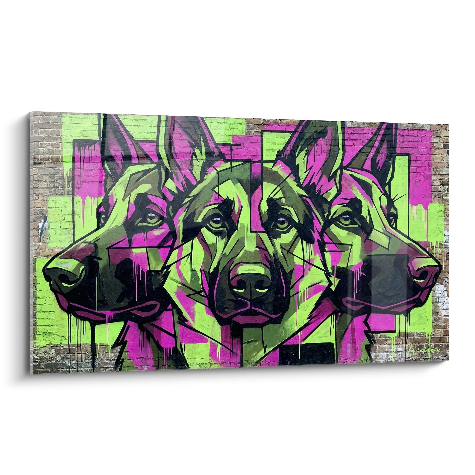 urbane kunsttafel drei geometrische deutsche schäferhunde rosa magenta neongrün backsteinmauer