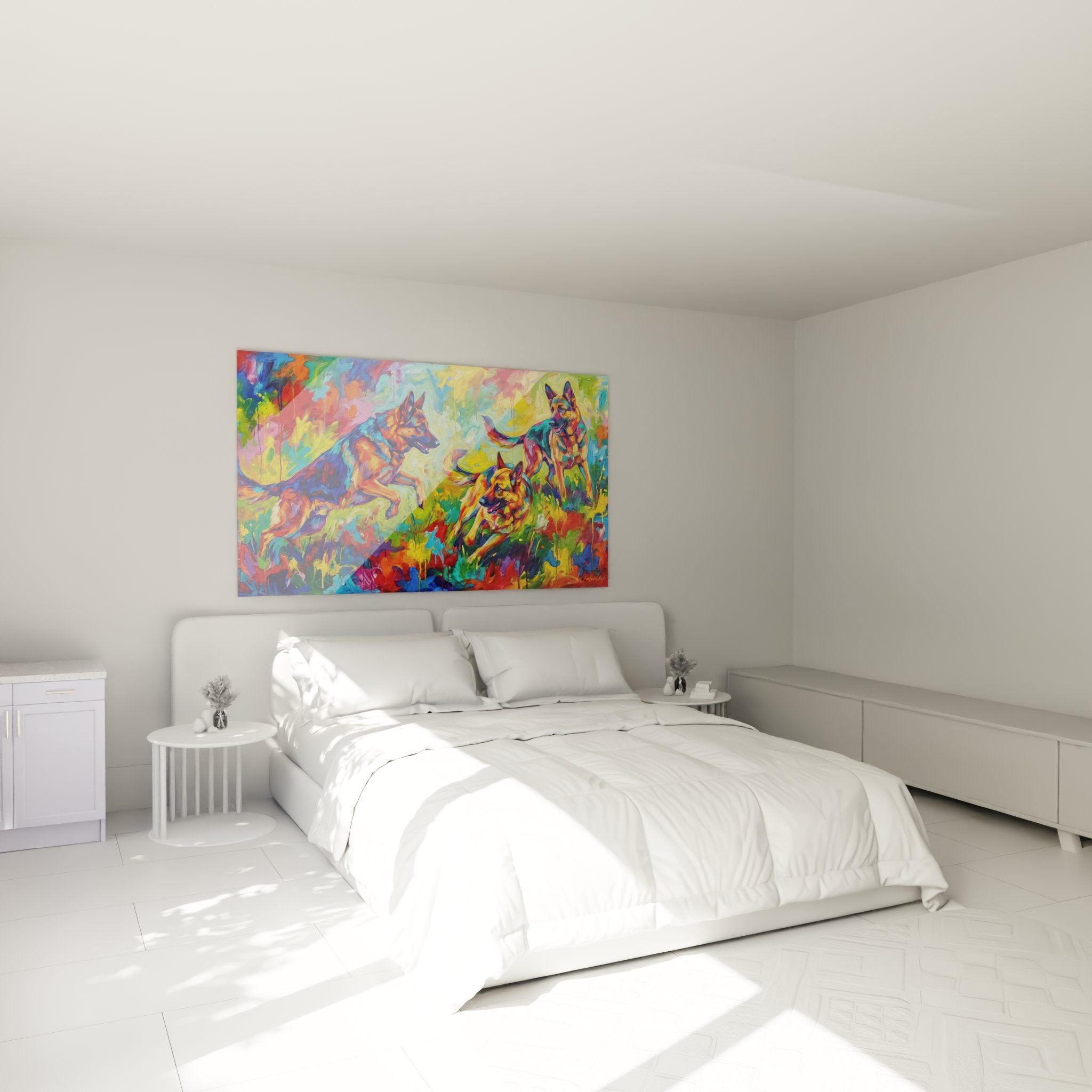 tableau bergers allemands colorés dans chambre moderne mur blanc decoration murale art contemporain