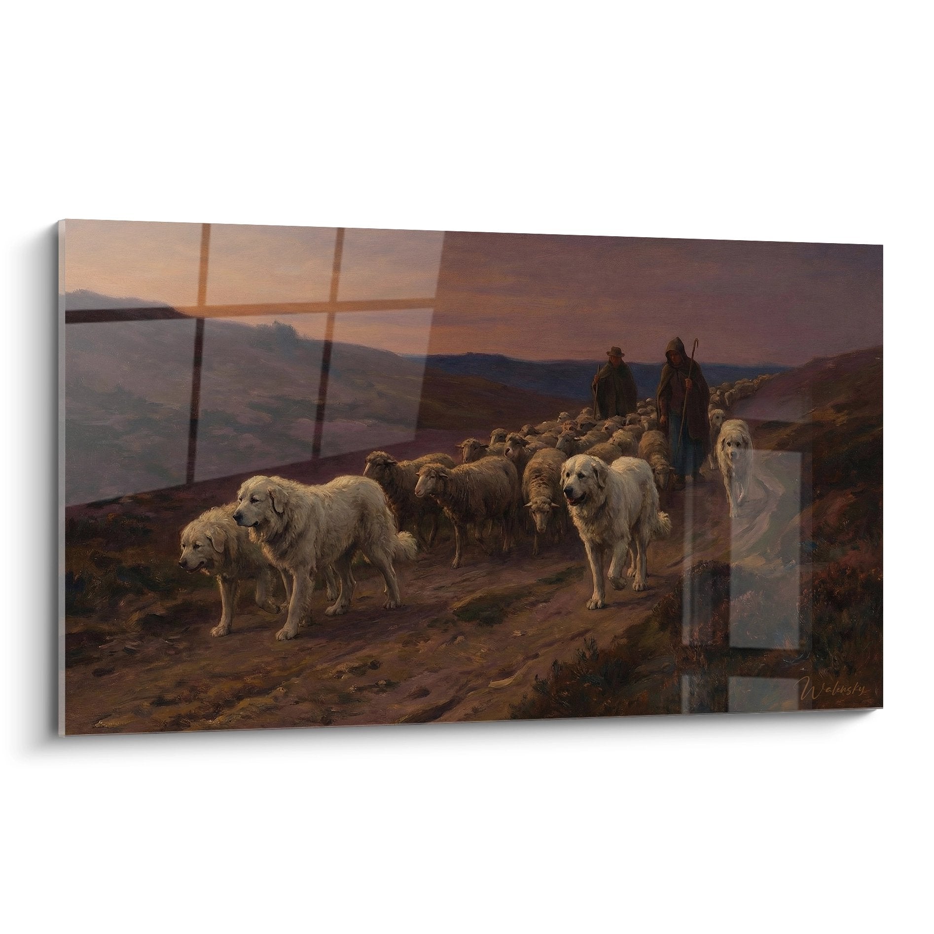 Gemälde Hirten Hunde Berg Sonnenuntergang Schafherde Landschaft Pastorale Kunst Pyrenäen traditionelle Kunstwerk
