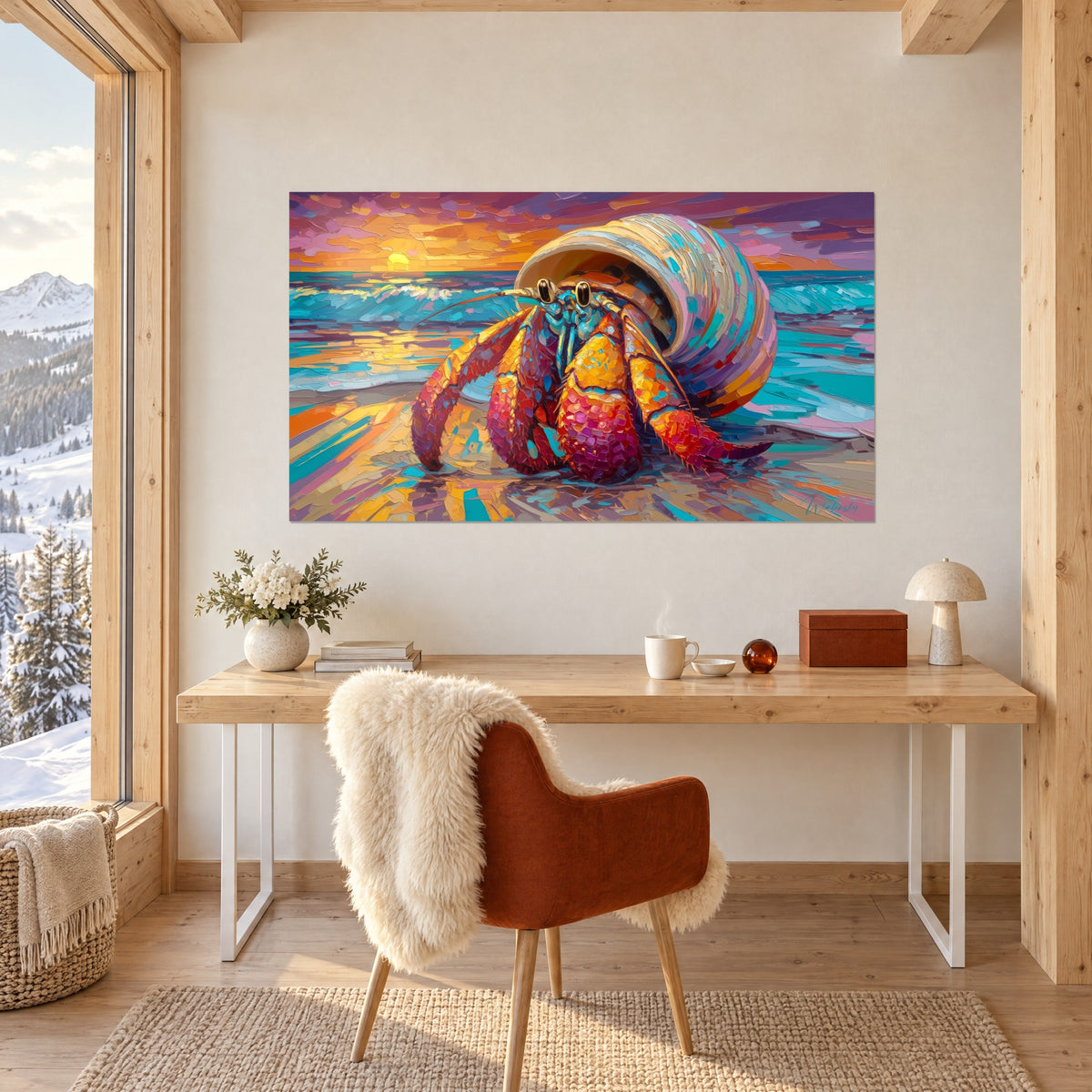 Tableau petit crabe ermite aux yeux noirs luisants, vagues turquoise et ciel rose, face à un bureau en bois clair près d'une fenêtre