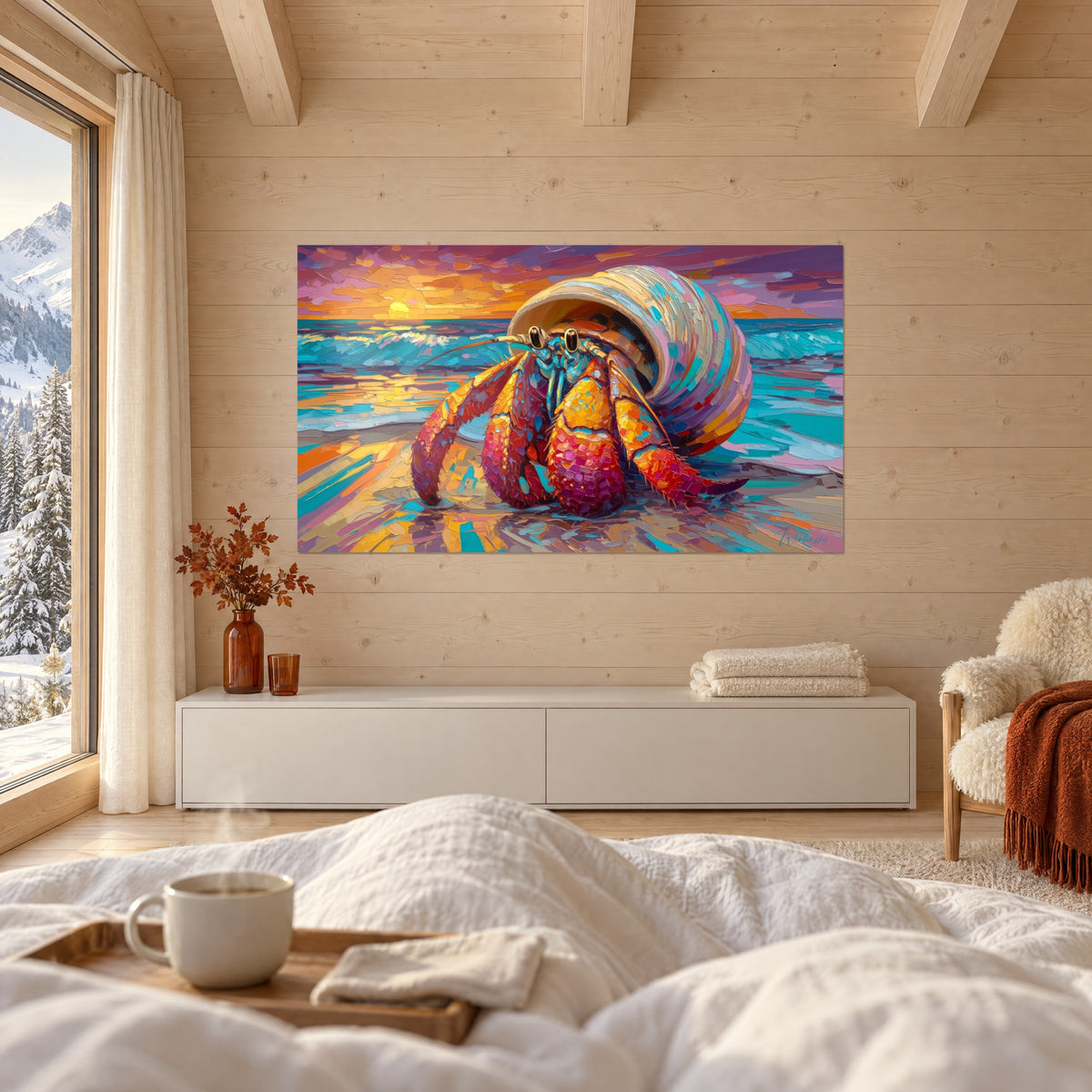 Tableau ermite à carapace rouge et jaune sur sable doré, ciel violet et orange, au-dessus d'un lit dans une chambre claire