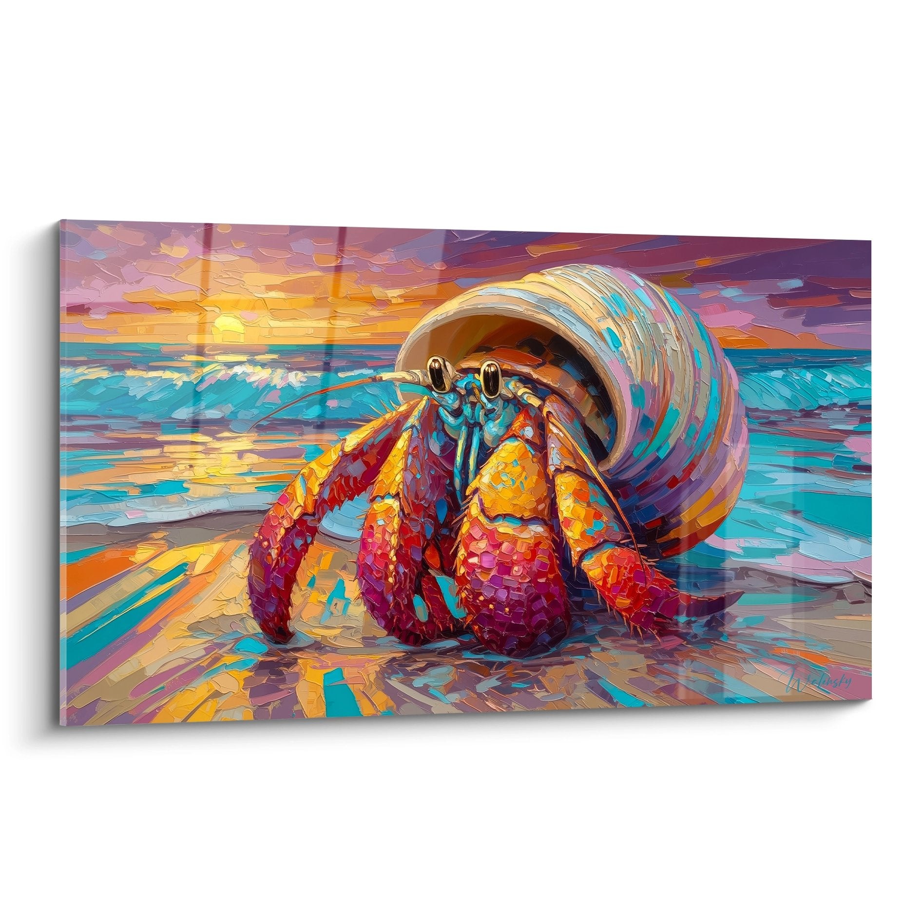 Buntes Gemälde Einsiedlerkrebs am Strand Sonnenuntergang türkisfarbene Wellen violetter orangefarbener roter Himmel