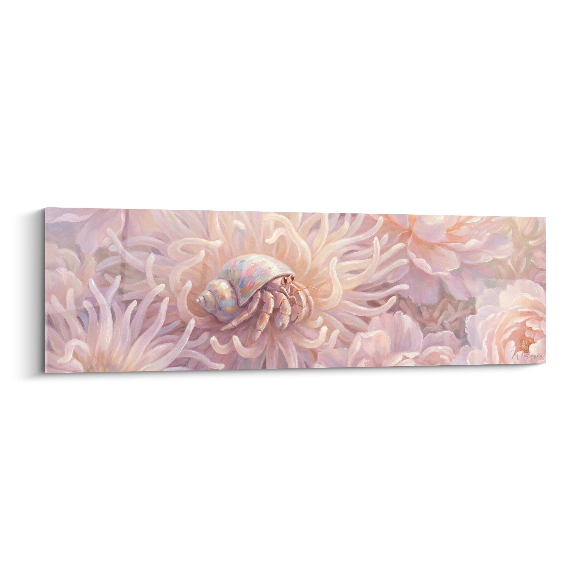 Gemälde Bernhard-Einsiedlerkrebs rosa und golden in Seeanemone mit seidenartigem Tentakel, zeitgenössischer Aquarellstil