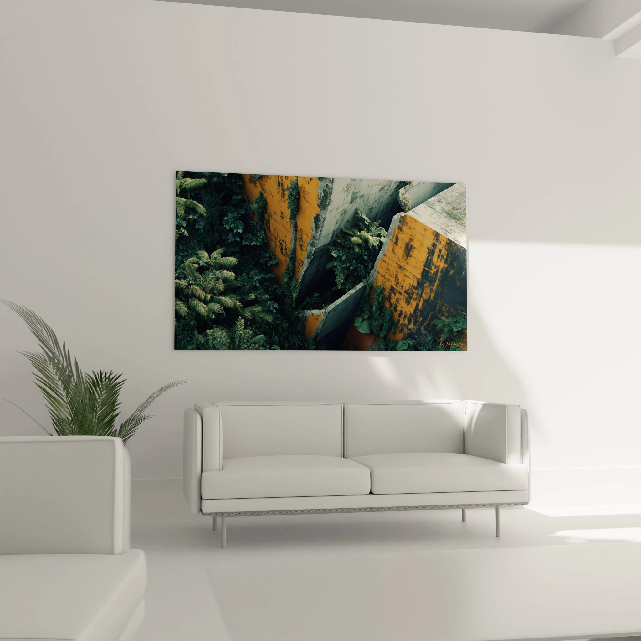 Un tableau urbain dépeignant une perspective en plongée sur des blocs architecturaux orangés et gris qui s'entrecroisent, partiellement recouverts par une végétation dense et verte, créant un équilibre visuel entre rigidité géométrique et organicité naturelle.