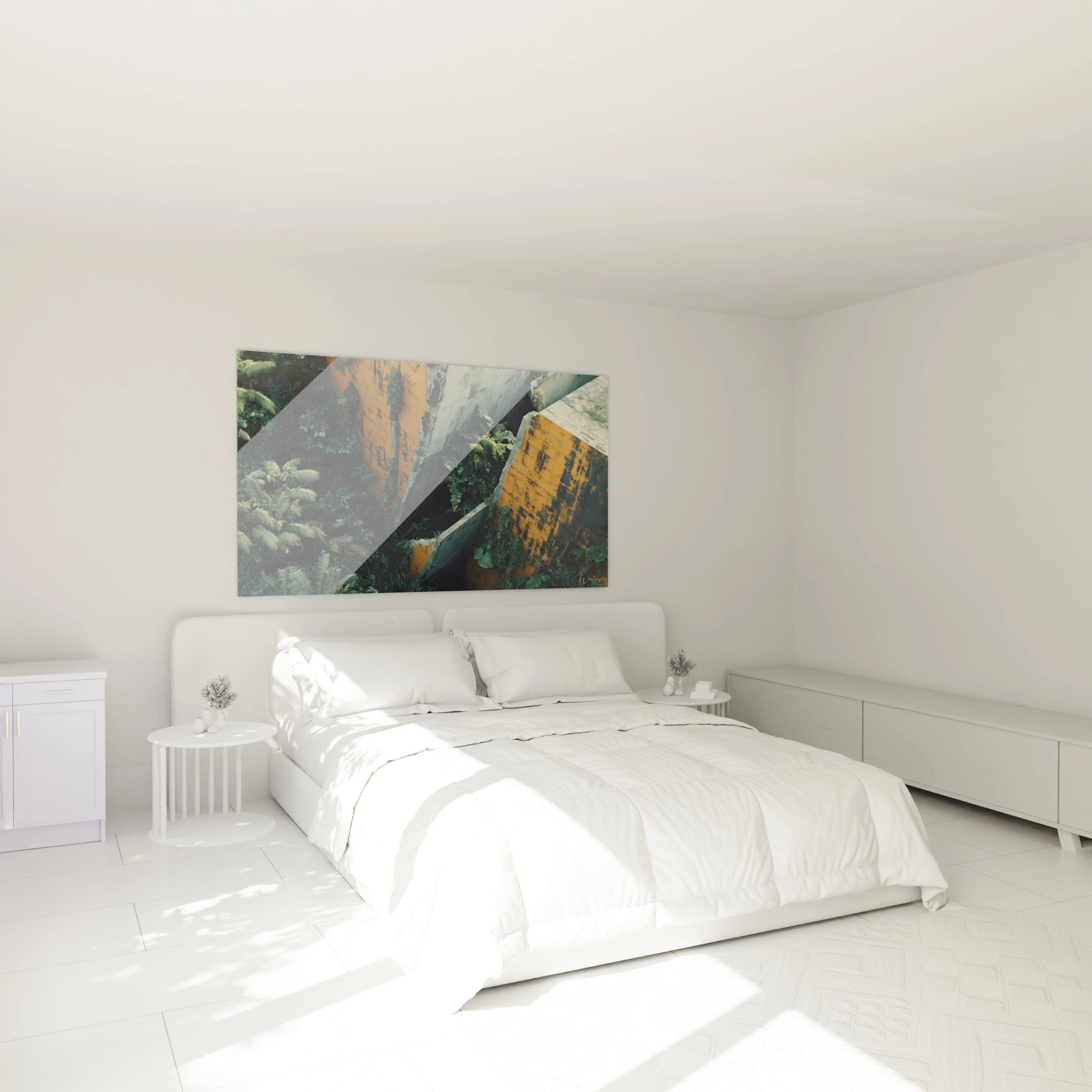 Un tableau street art montrant l'intersection de géométries architecturales en béton gris-bleu et orange ocre, où des fougères et palmiers verts s'infiltrent entre les structures angulaires, illustrant la reconquête de la nature sur des constructions humaines abandonnées.