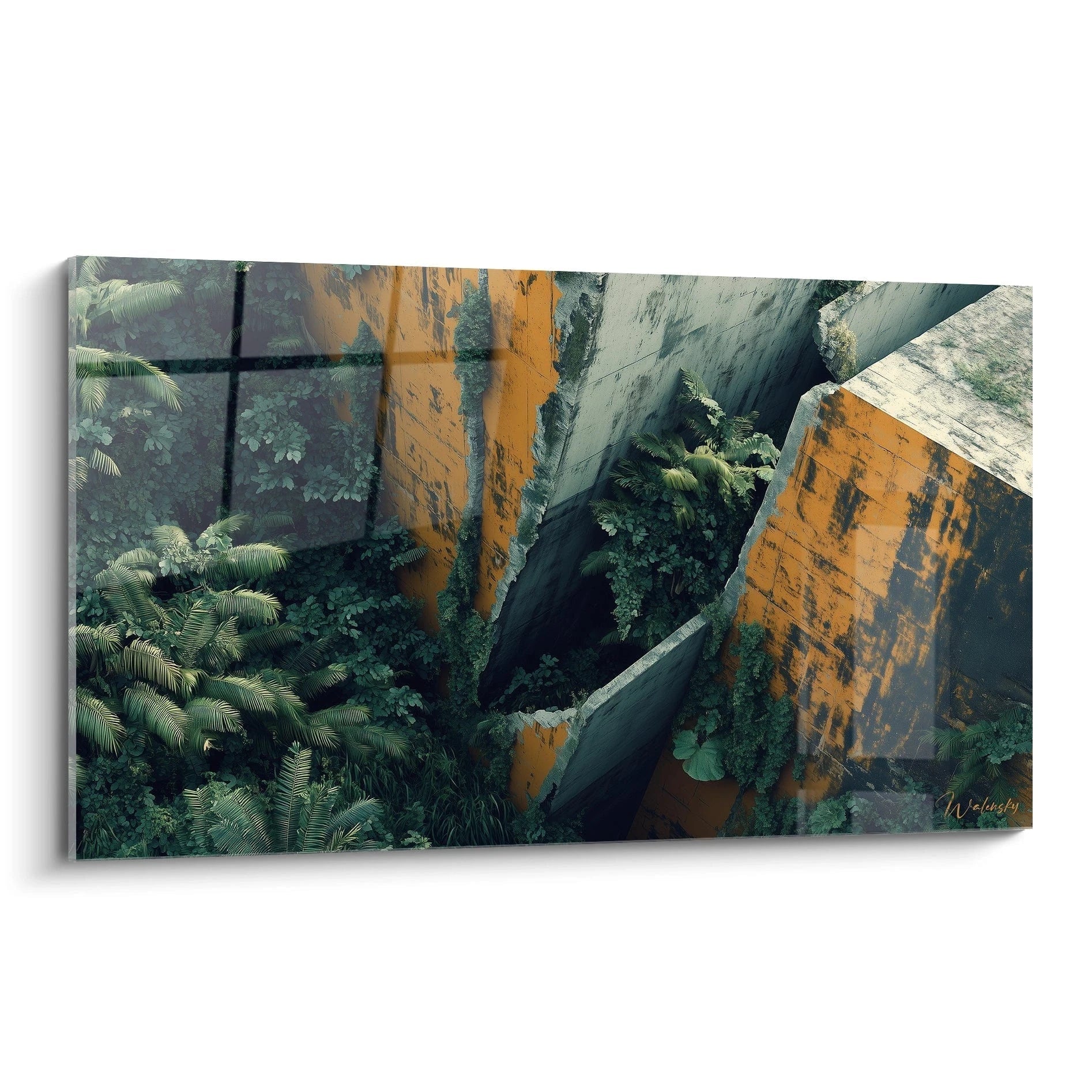 Un tableau artistique représentant une structure urbaine abandonnée où des murs de béton gris et des piliers orange vif s'entrecroisent, envahis par une végétation luxuriante de palmiers verts, créant un contraste saisissant entre nature et architecture industrielle.