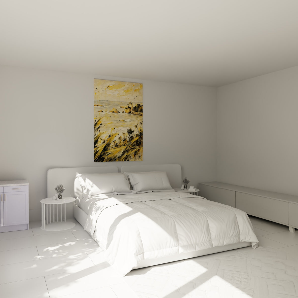 Herbes dorées et villa anthracite se dressant au-dessus d'un lit dans une chambre claire
